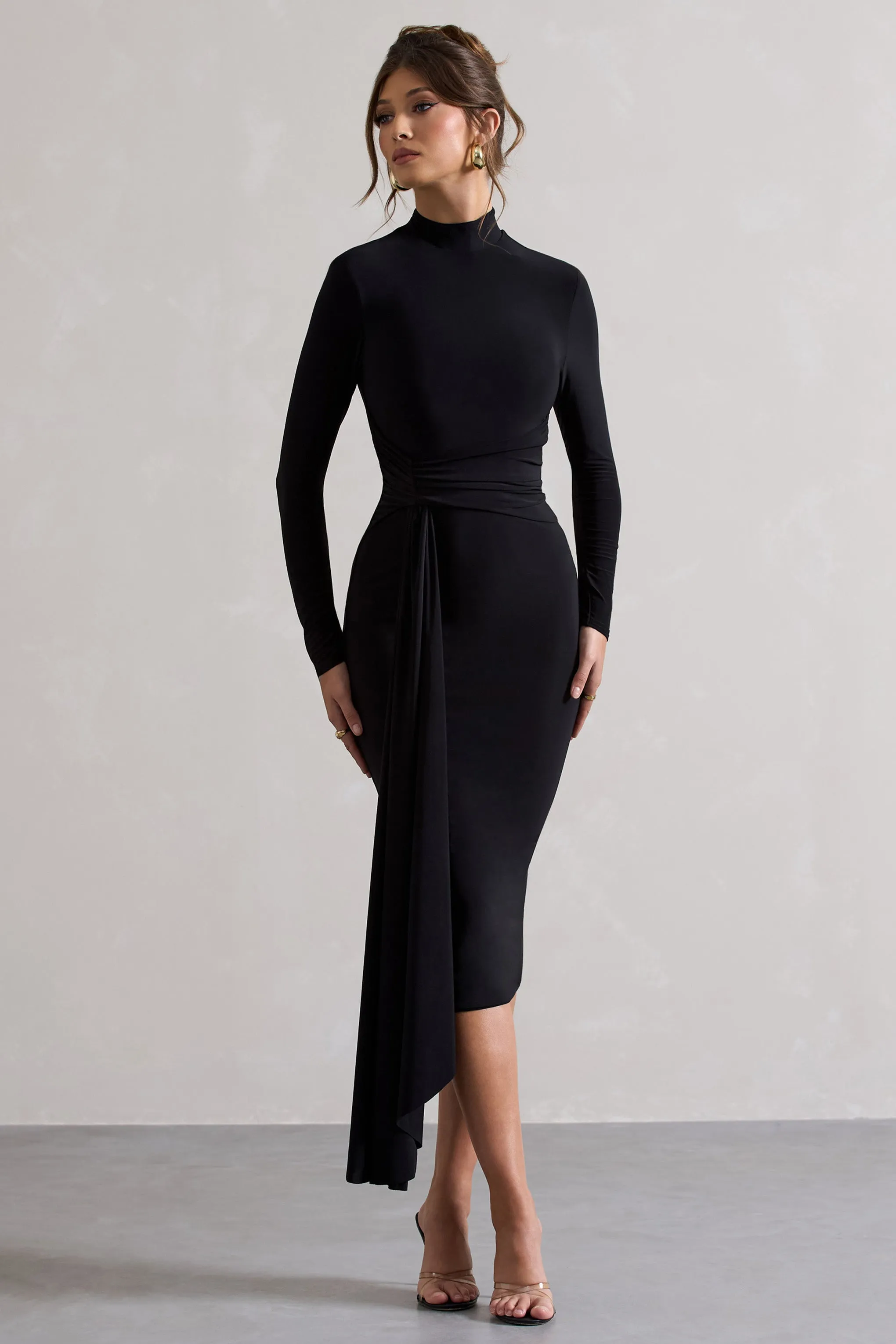 Nikita | Black High-Neck Midi Dress With Drape sold by Club L London product image thumbnail 5