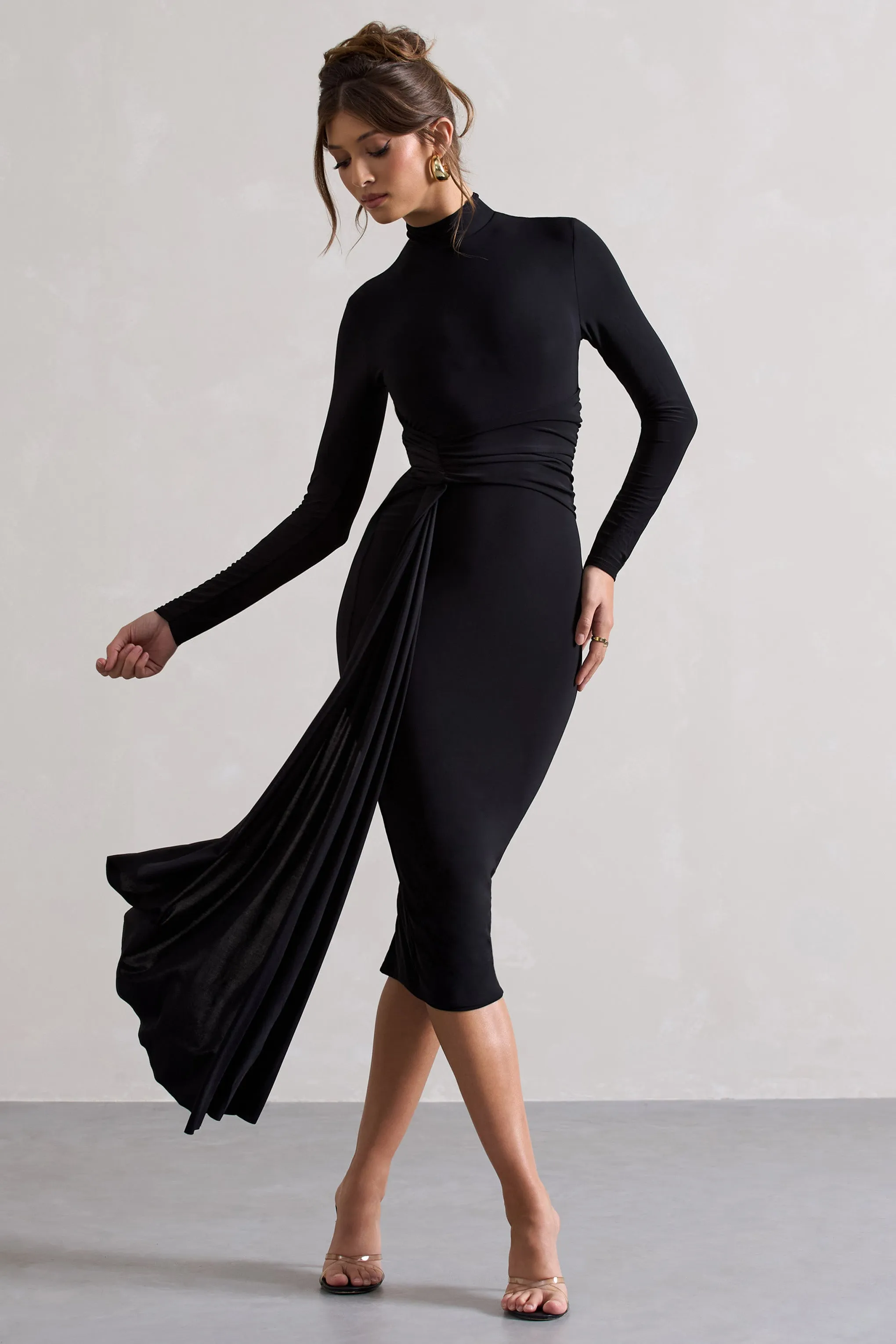 Nikita | Black High-Neck Midi Dress With Drape sold by Club L London