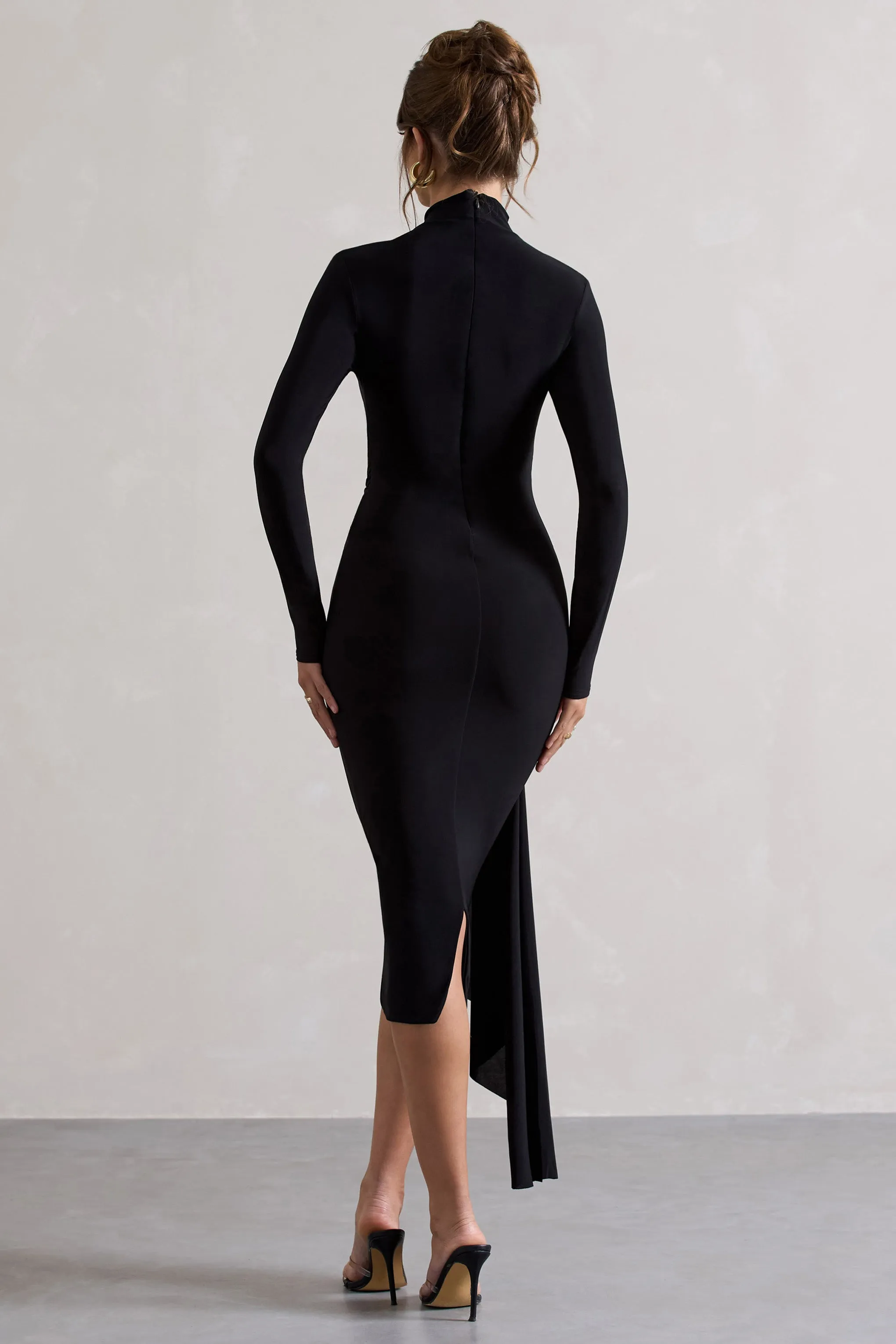Nikita | Black High-Neck Midi Dress With Drape sold by Club L London product image thumbnail 2