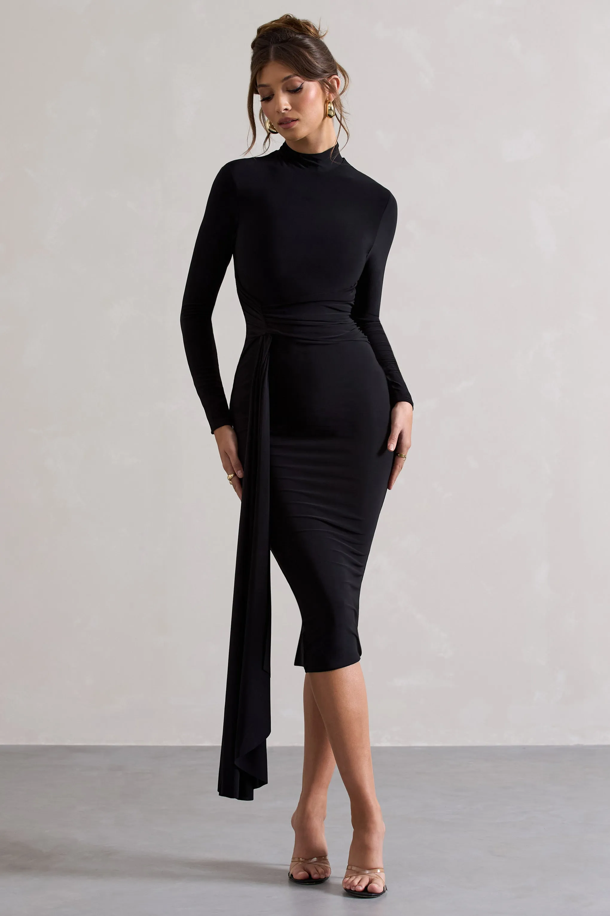 Nikita | Black High-Neck Midi Dress With Drape sold by Club L London product image thumbnail 4