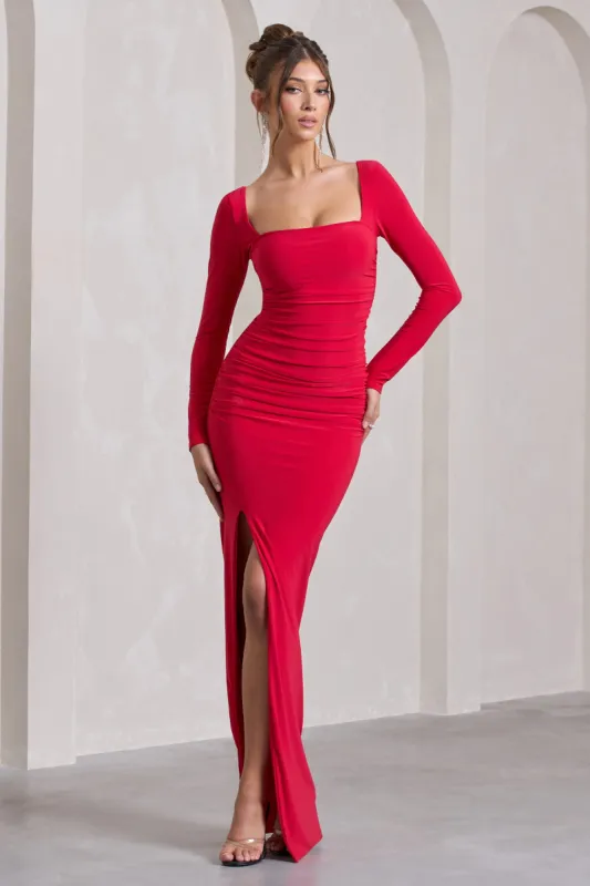 My Pleasure | Red Square Neck Ruched Maxi Dress sold by Club L London