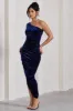 Dorit | Navy Velvet One Shoulder Asymmetric Ruched Midi Dress sold by Club L London