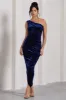 Dorit | Navy Velvet One Shoulder Asymmetric Ruched Midi Dress sold by Club L London