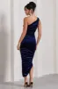 Dorit | Navy Velvet One Shoulder Asymmetric Ruched Midi Dress sold by Club L London