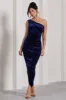 Dorit | Navy Velvet One Shoulder Asymmetric Ruched Midi Dress sold by Club L London