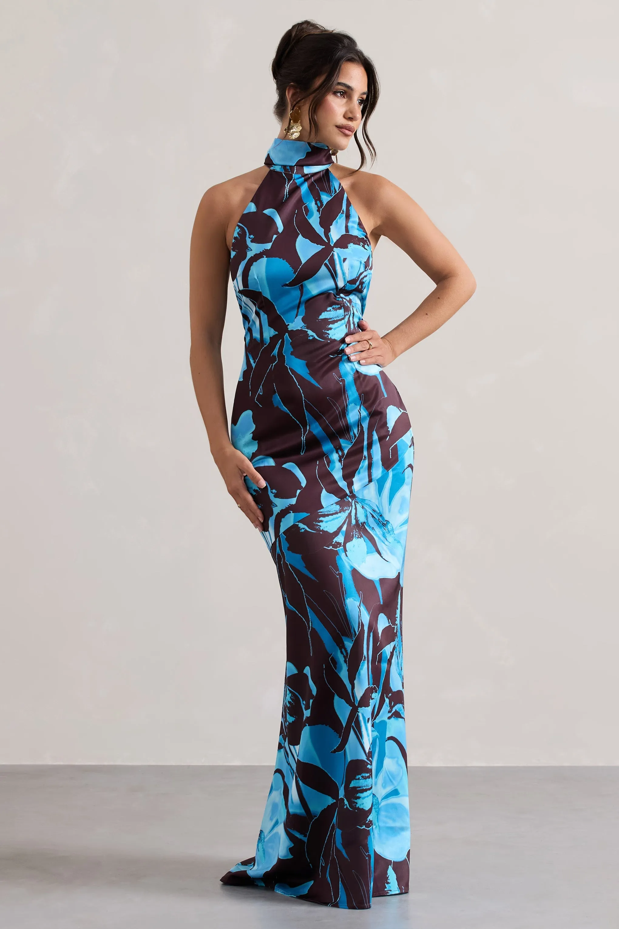 Adoria | Floral Print Satin High-Neck Maxi Dress sold by Club L London product image thumbnail 4