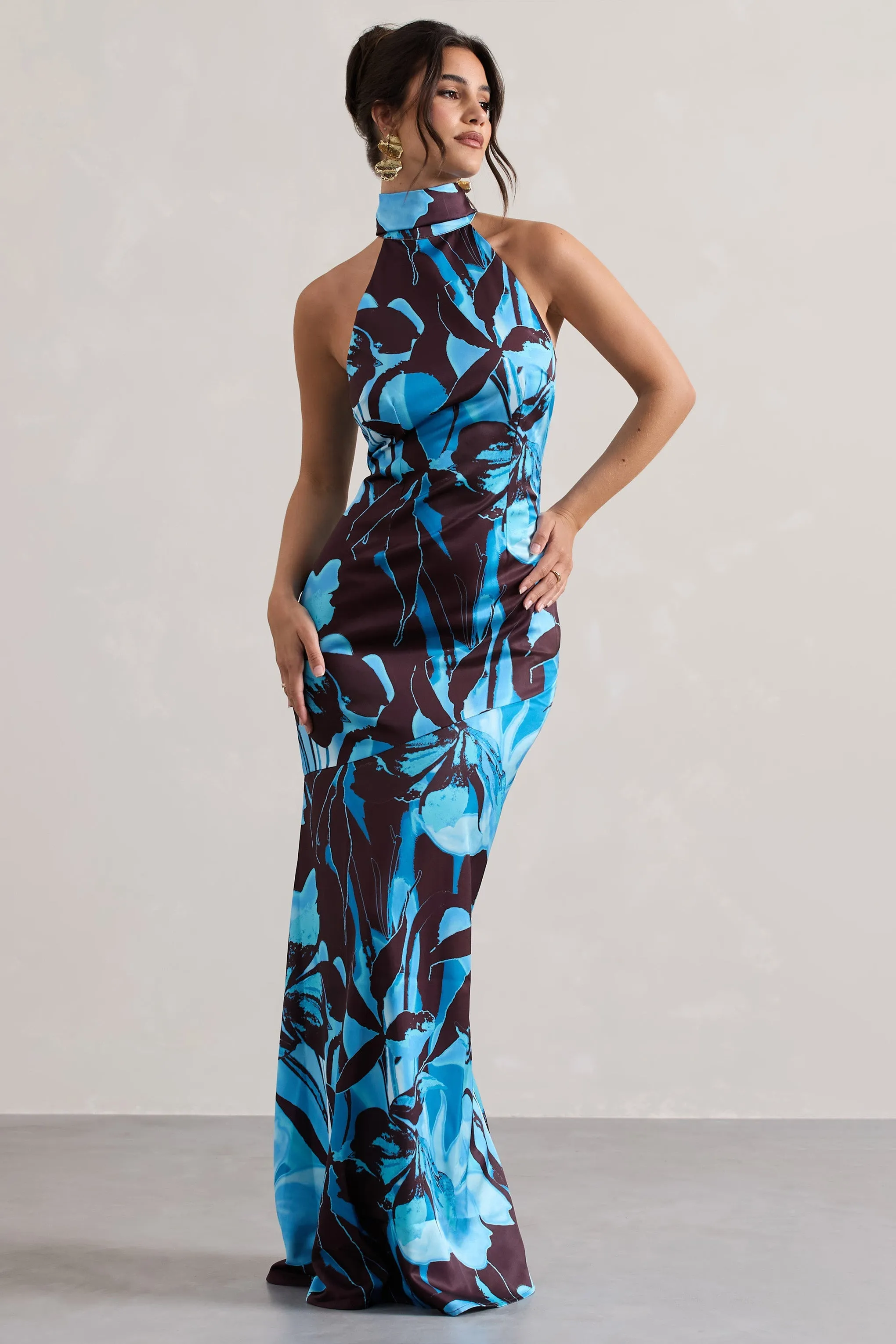 Adoria | Floral Print Satin High-Neck Maxi Dress sold by Club L London product image thumbnail 5
