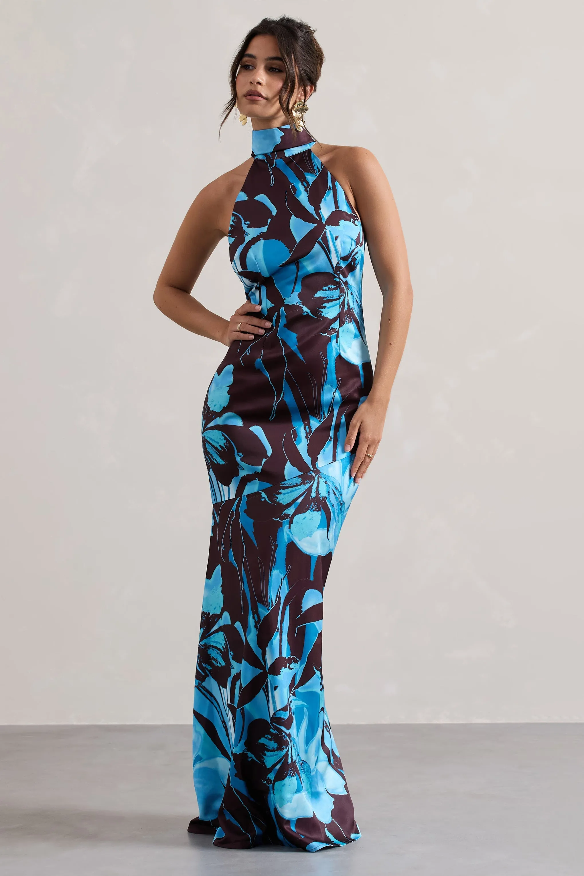 Adoria | Floral Print Satin High-Neck Maxi Dress sold by Club L London