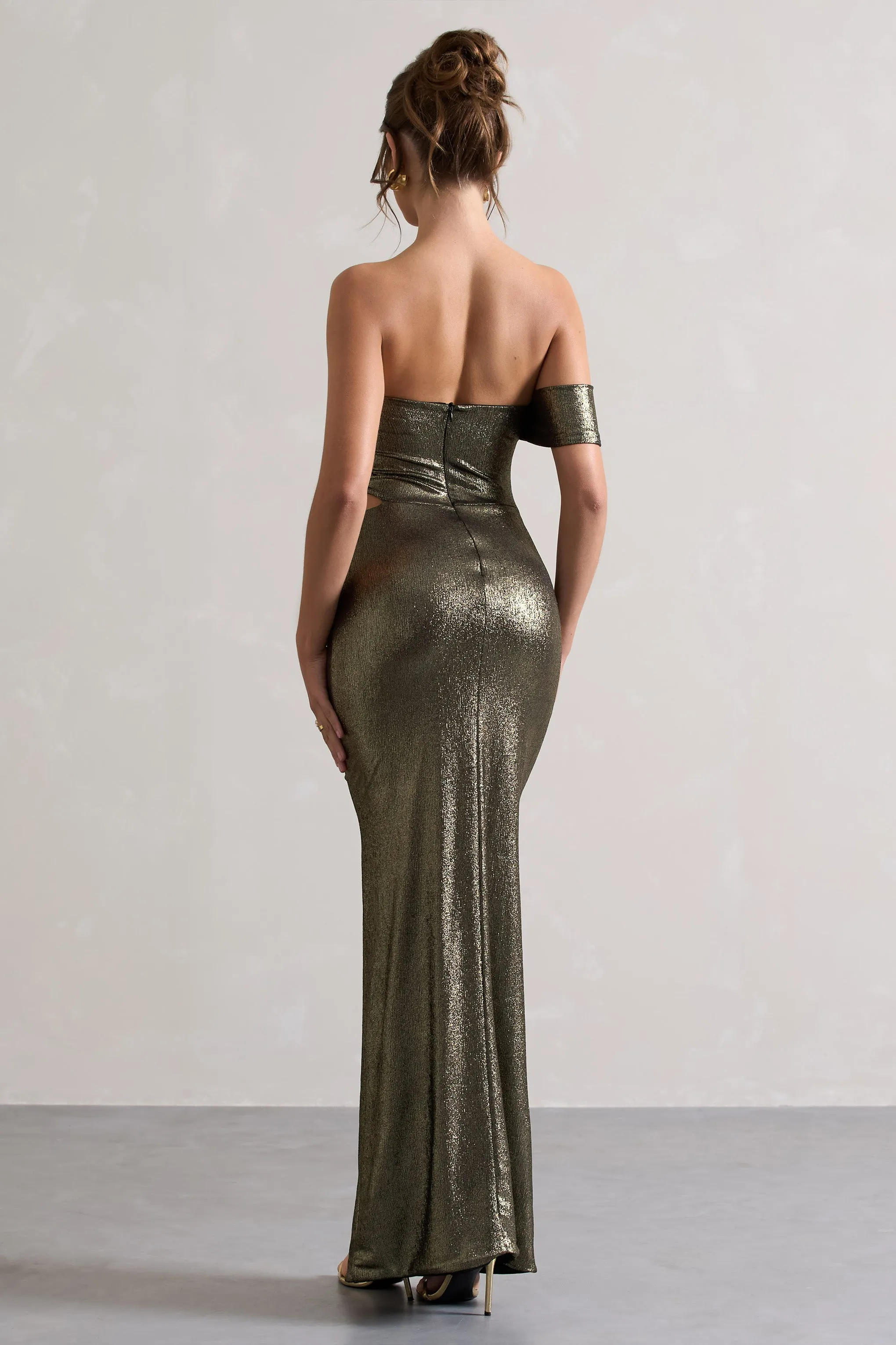 Gilded | Gold Metallic One-Sleeved Cut-Out Split Maxi Dress sold by Club L London product image thumbnail 2
