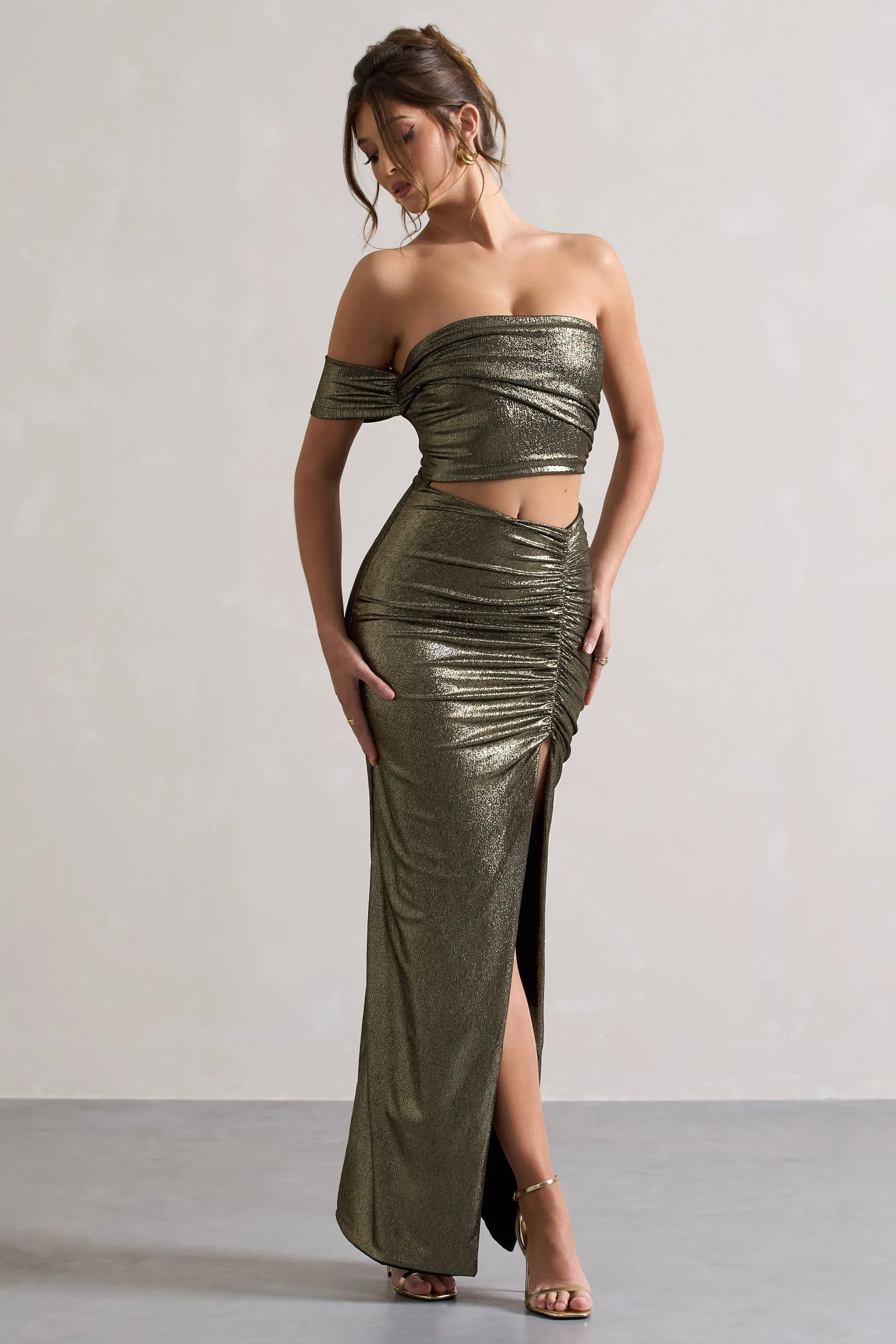 Gilded | Gold Metallic One-Sleeved Cut-Out Split Maxi Dress sold by Club L London product image thumbnail 5