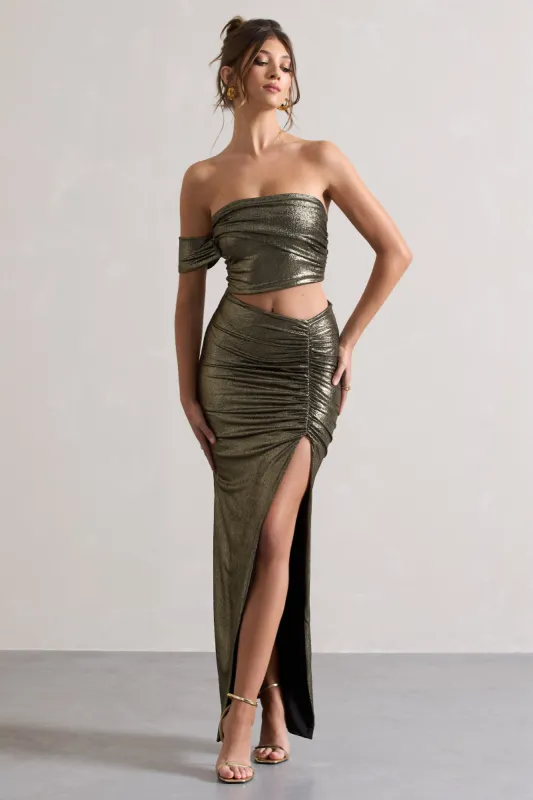 Gilded | Gold Metallic One-Sleeved Cut-Out Split Maxi Dress sold by Club L London