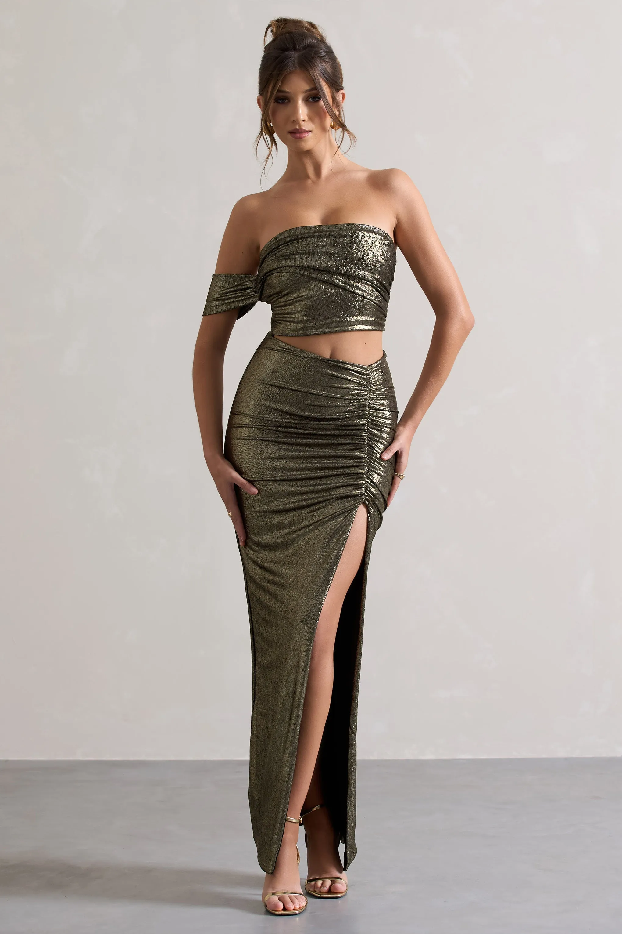 Gilded | Gold Metallic One-Sleeved Cut-Out Split Maxi Dress sold by Club L London product image thumbnail 4