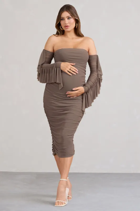 Aroma | Brown Ruched Mesh Maternity Midi Dress With Ruffled Sleeves sold by Club L London