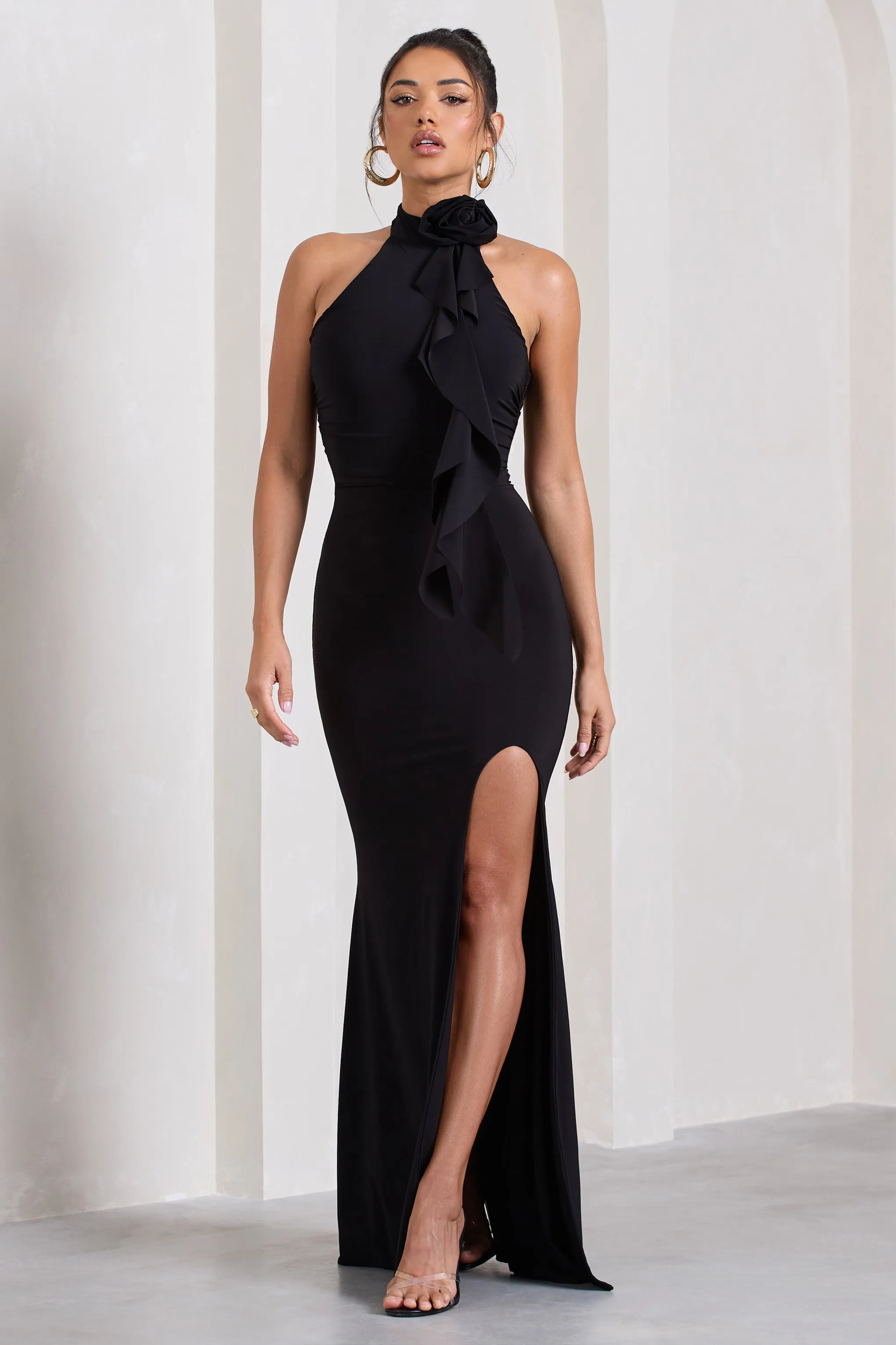 Wanderer | Black Ruched Halter-Neck Split Maxi Dress With Flower sold by Club L London