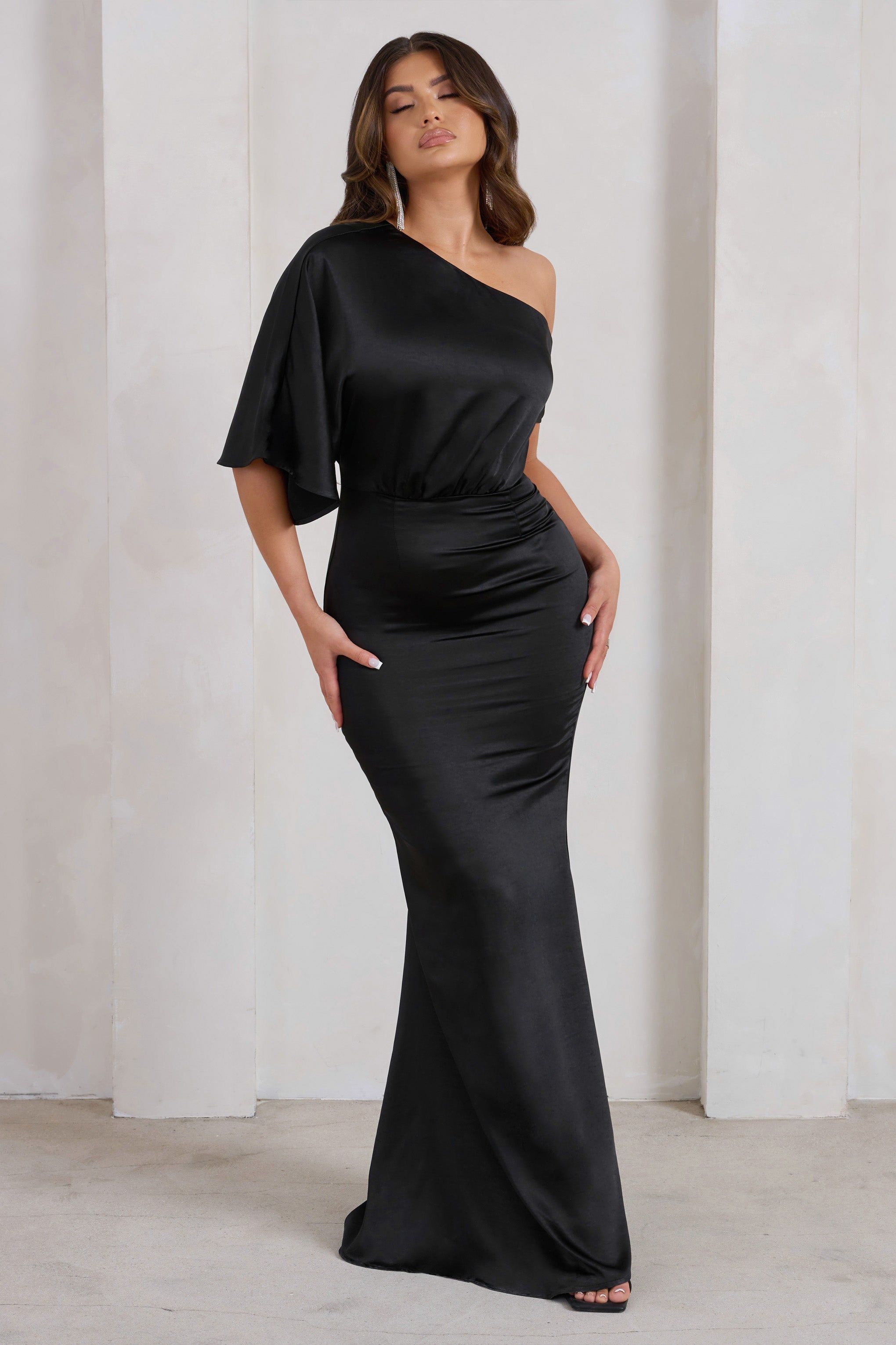Sabrina | Black Asymmetric Off The Shoulder Satin Maxi Dress sold by Club L London product image thumbnail 4