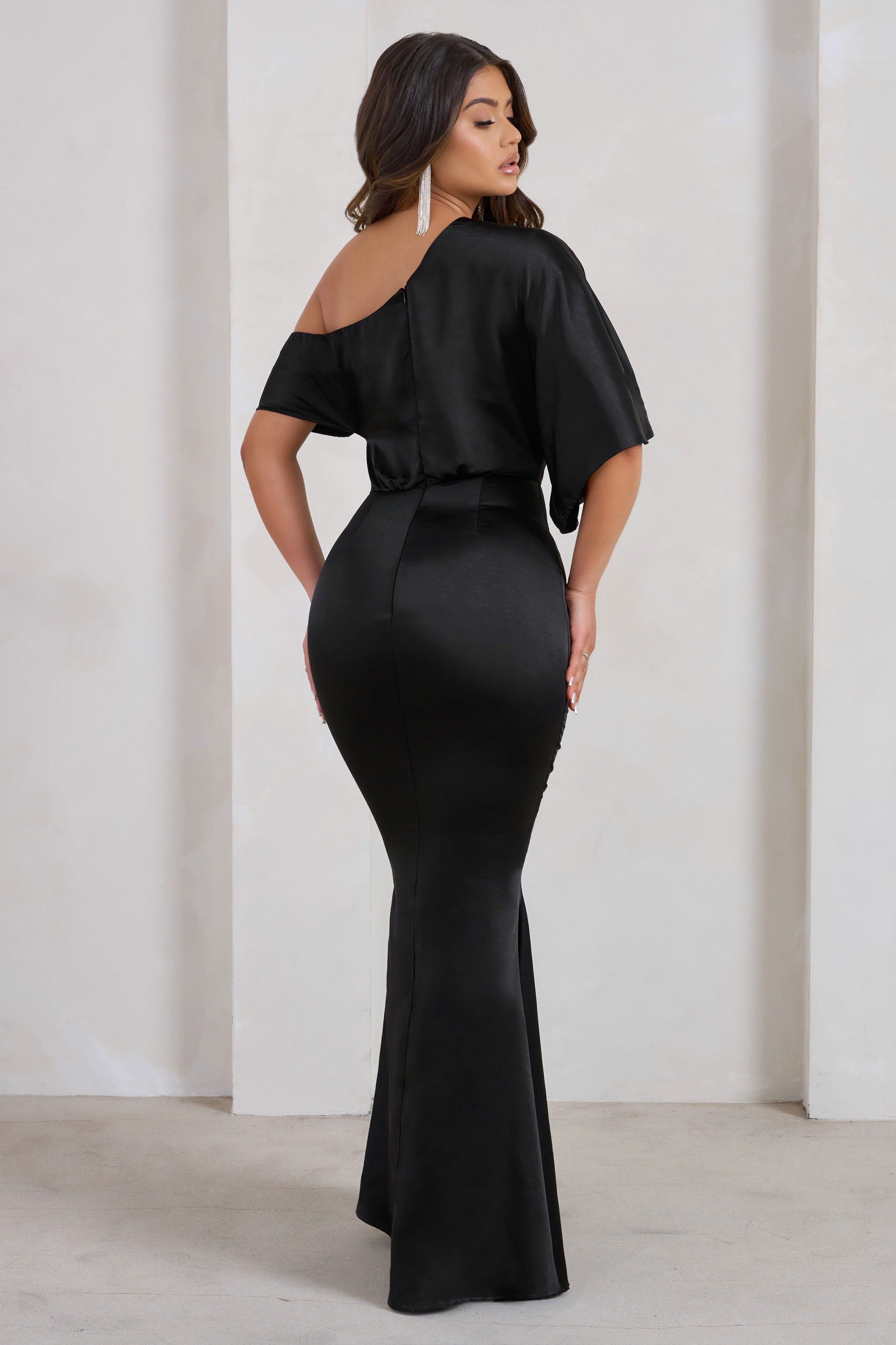 Sabrina | Black Asymmetric Off The Shoulder Satin Maxi Dress sold by Club L London product image thumbnail 2