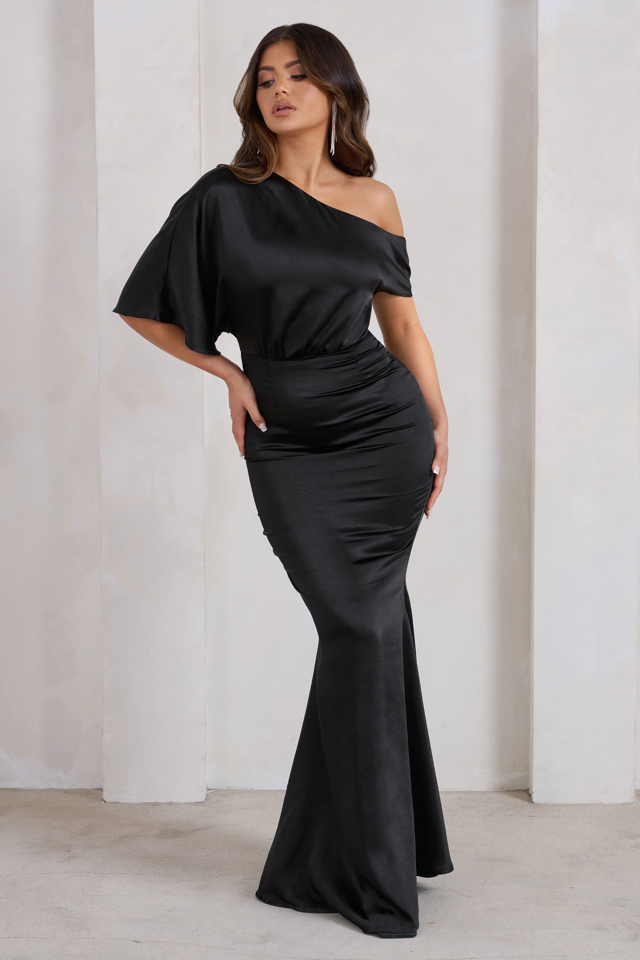 Sabrina | Black Asymmetric Off The Shoulder Satin Maxi Dress sold by Club L London