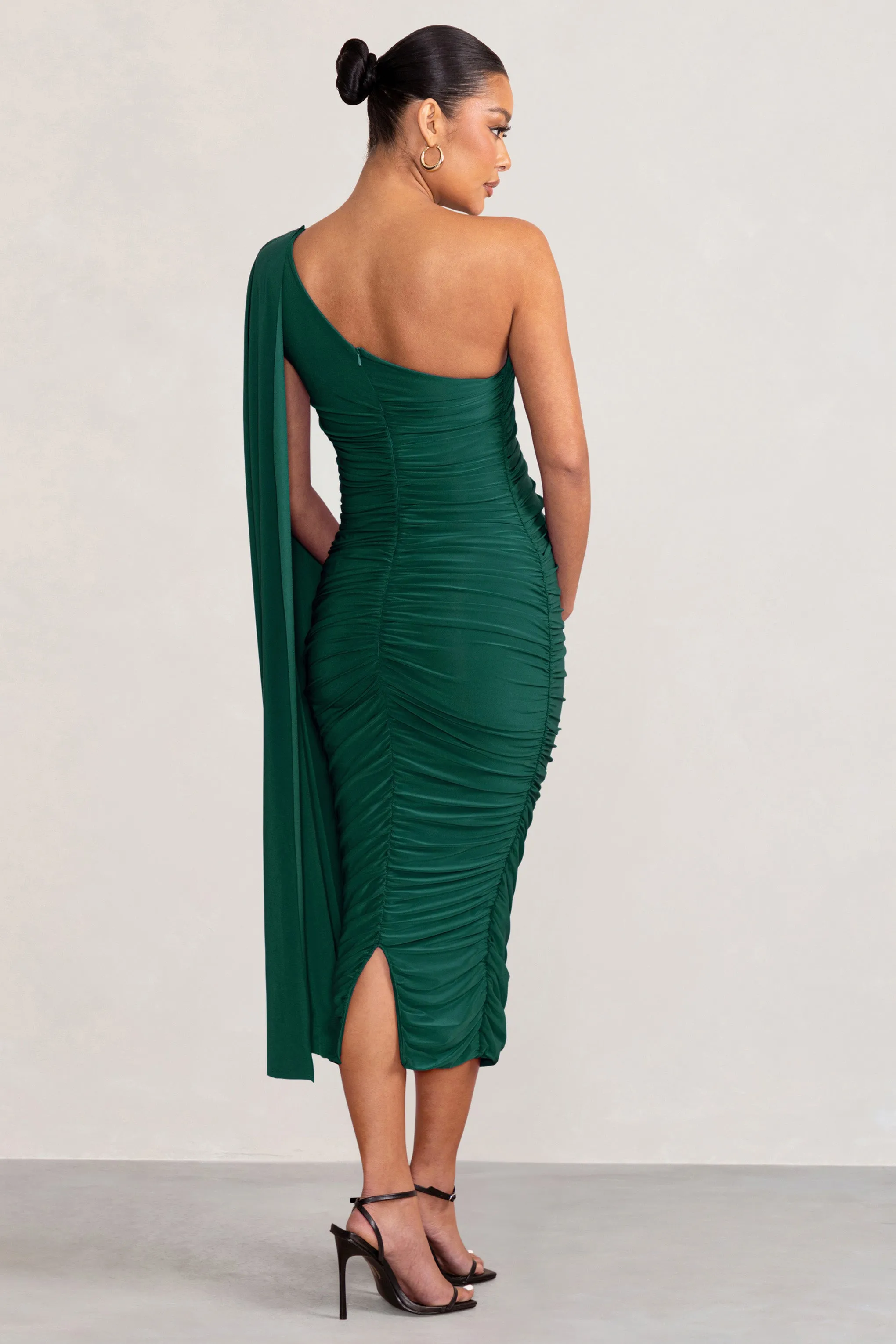 Yara | Bottle Green One Sleeve Ruched Maternity Midi Dress with Cape Sleeve sold by Club L London product image thumbnail 2