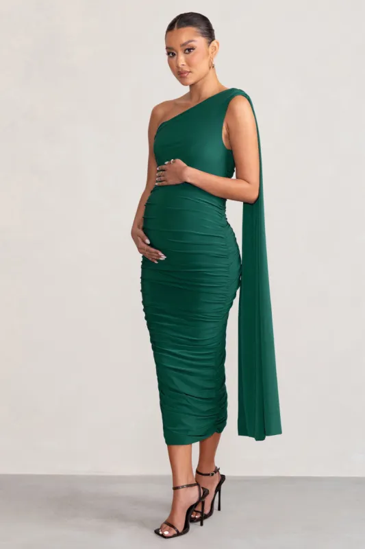 Yara | Bottle Green One Sleeve Ruched Maternity Midi Dress with Cape Sleeve sold by Club L London