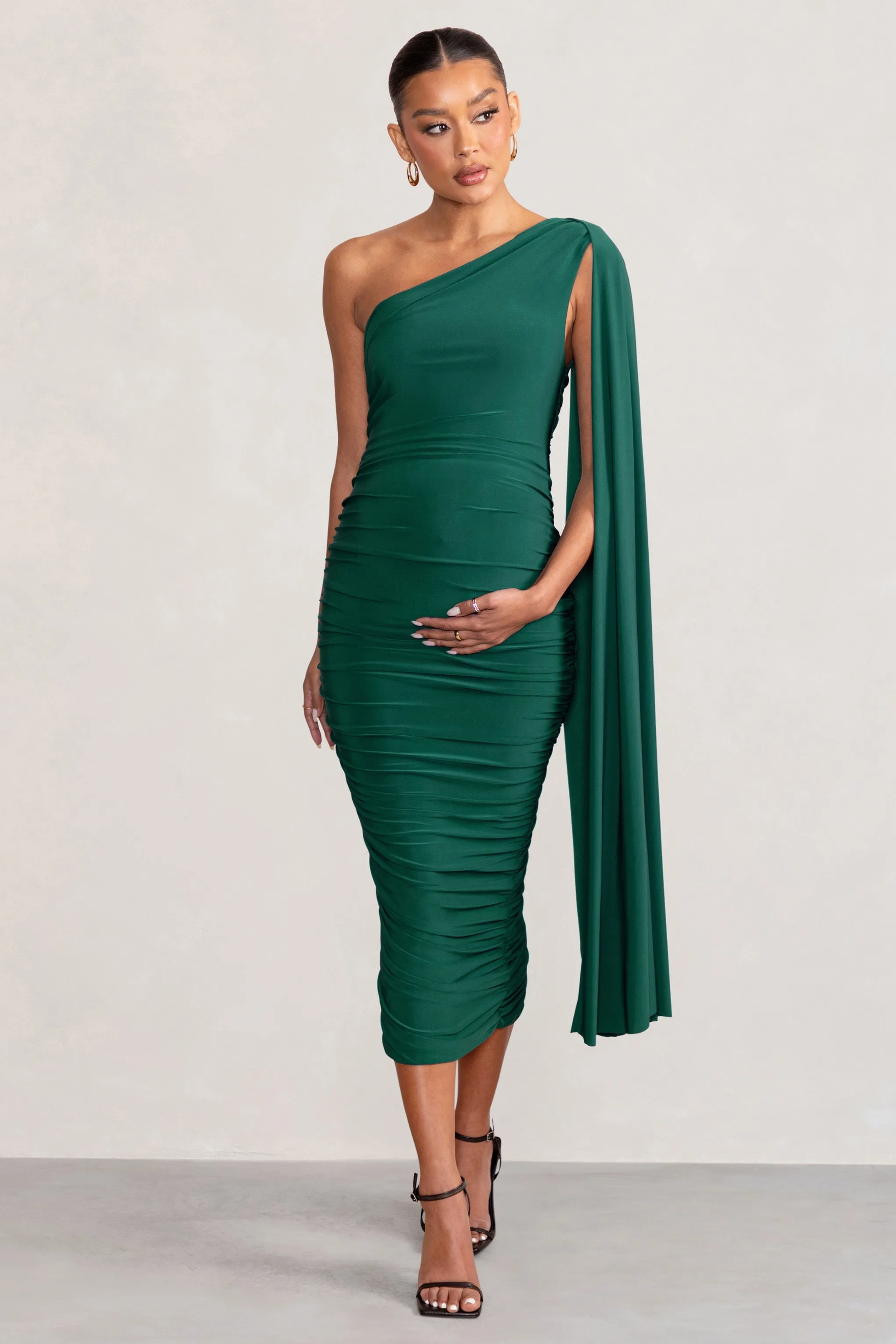 Yara | Bottle Green One Sleeve Ruched Maternity Midi Dress with Cape Sleeve sold by Club L London product image thumbnail 4