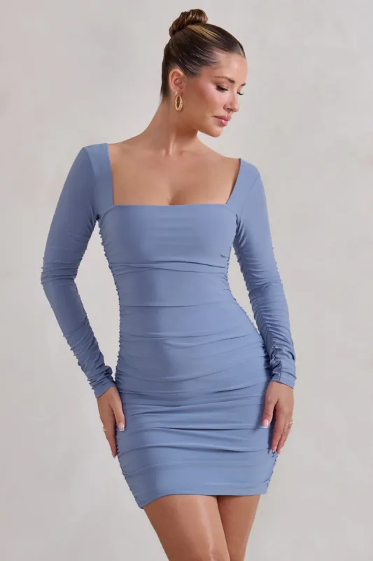 Muse | Cornflower Blue Long Sleeve Square Neck Ruched Mini Dress sold by Club L London