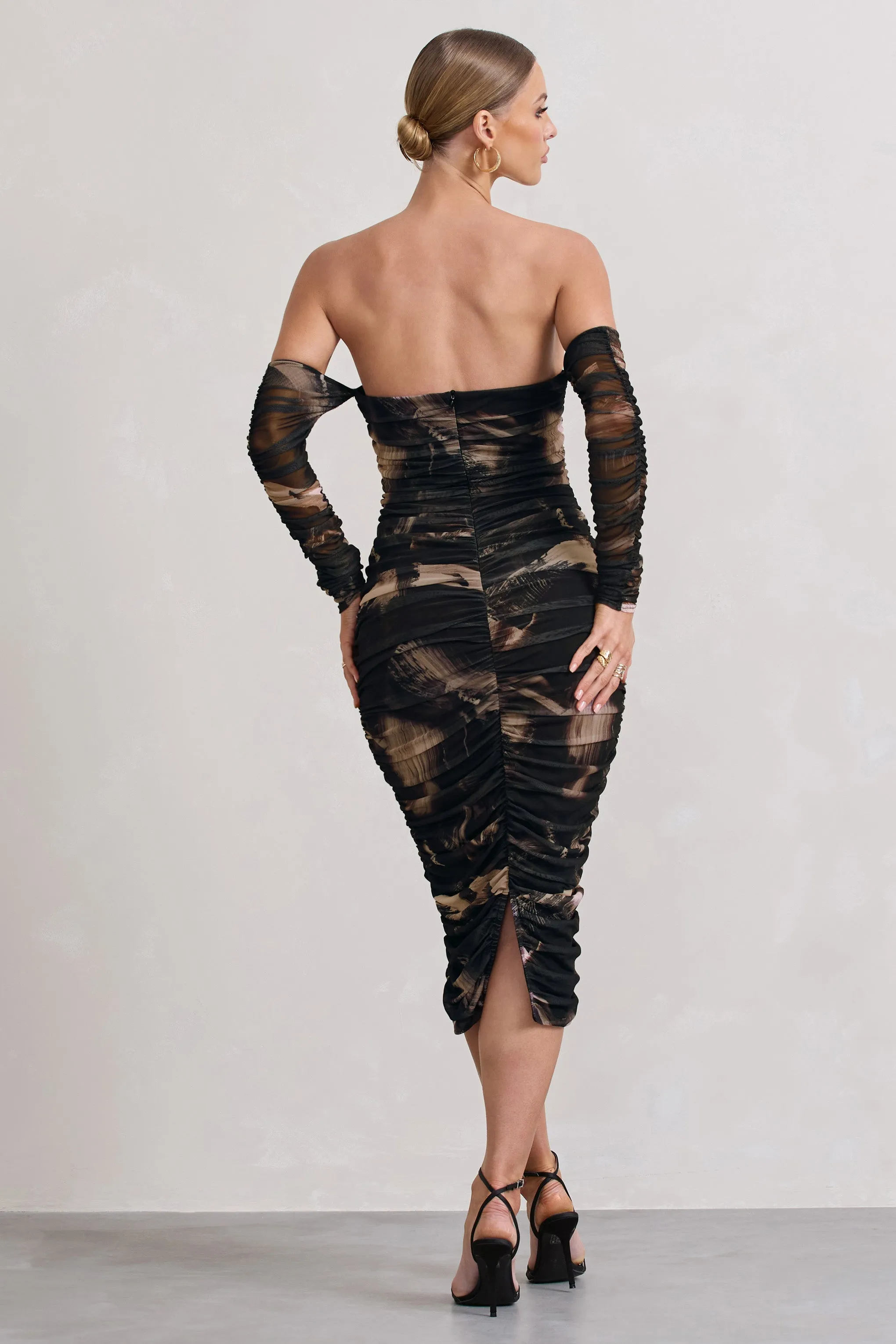 Indy | Brown Print Ruched Strapless Long-Sleeve Midi Dress sold by Club L London product image thumbnail 2