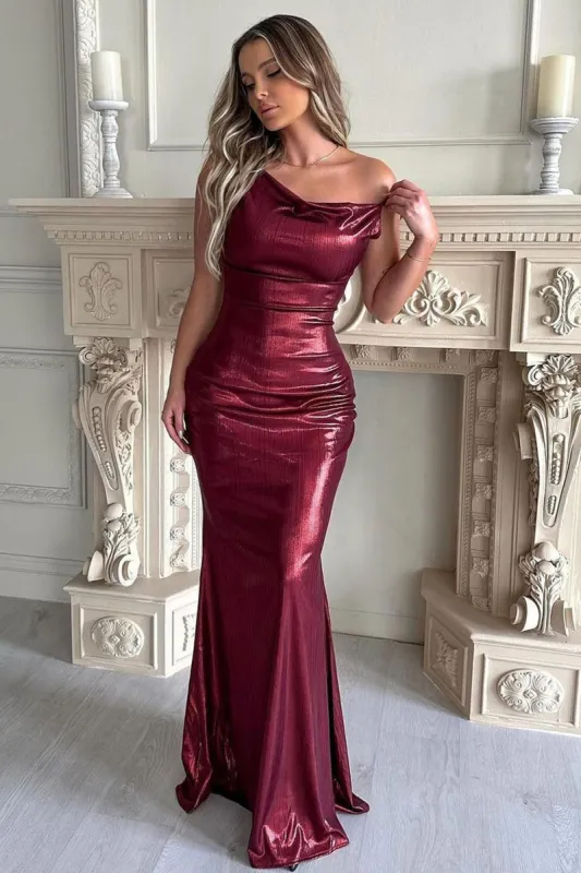 Galaxy Shimmer | Burgundy Bias Cut Cowl Front Maxi Dress sold by Club L London