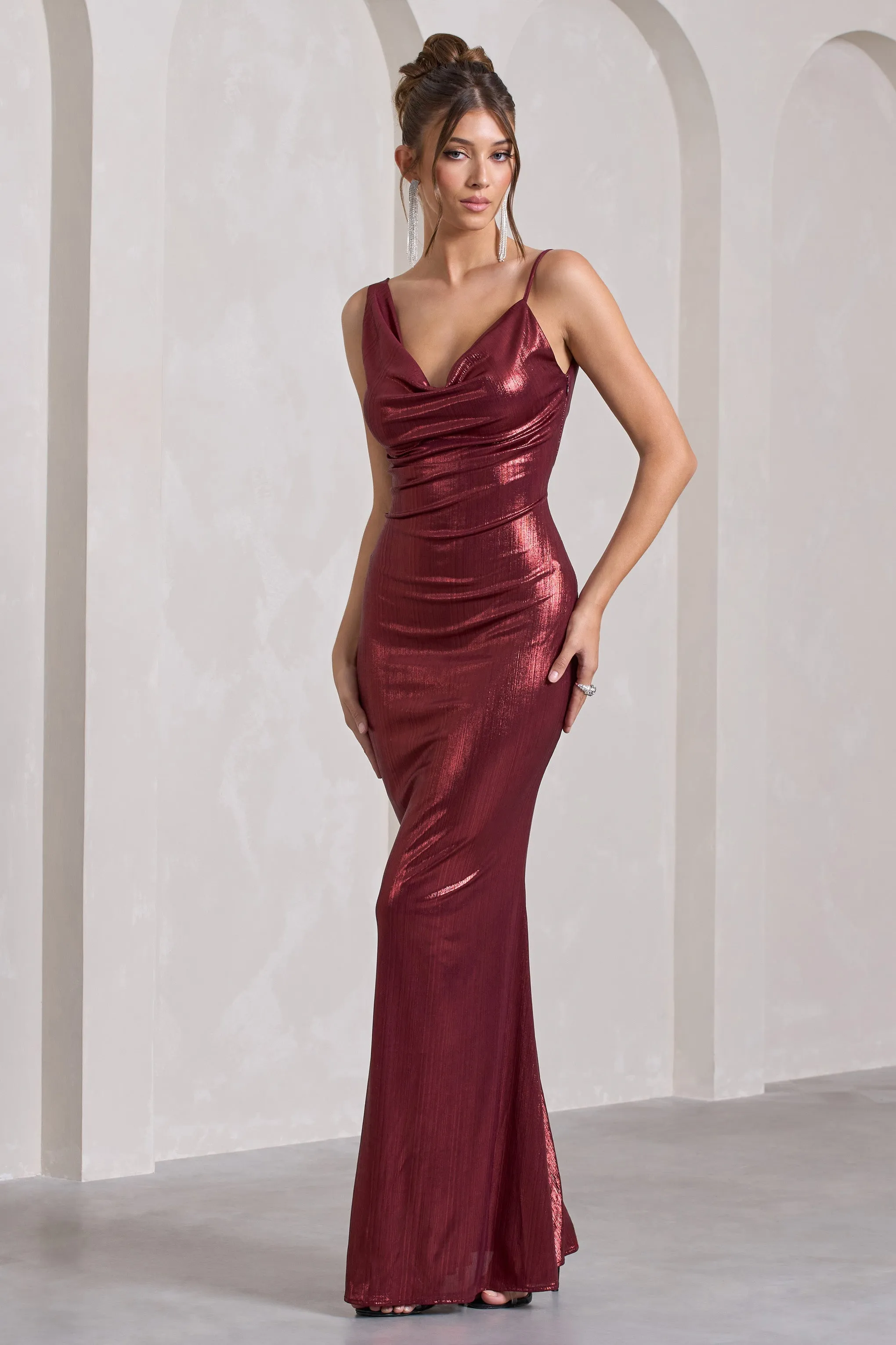 Galaxy Shimmer | Burgundy Bias Cut Cowl Front Maxi Dress sold by Club L London product image thumbnail 5