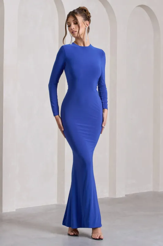 Donna | Cobalt Blue Long-Sleeved Open-Back Maxi Dress sold by Club L London