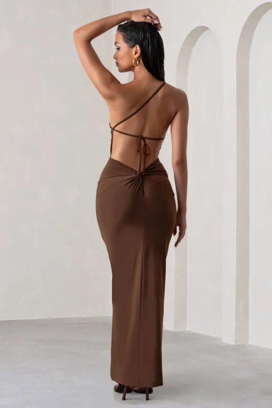 Dressing Up | Chocolate Brown One Shoulder Maxi Dress With Open Back Detail sold by Club L London