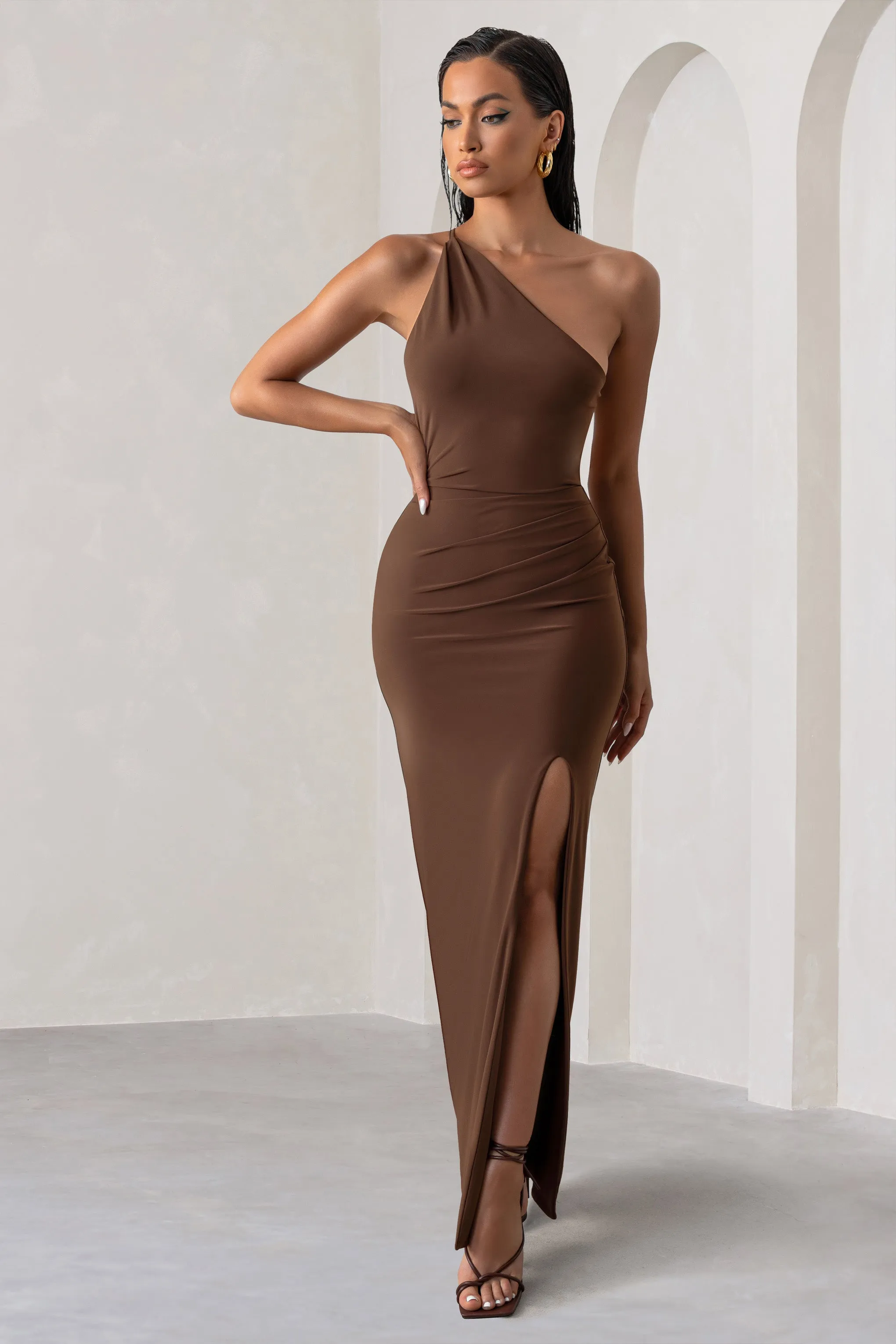 Dressing Up | Chocolate Brown One Shoulder Maxi Dress With Open Back Detail 