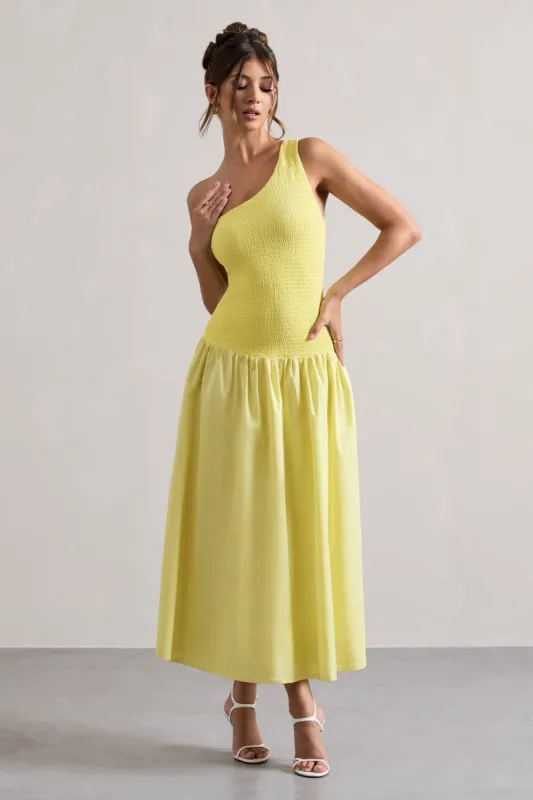 Sorbet | Lemon Poplin One Shoulder Pleated Maxi Dress sold by Club L London