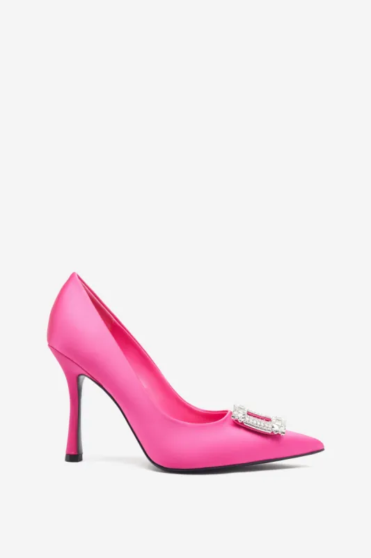 Lawless | Hot Pink Satin Pointed Court Heels With Diamante Brooches sold by Club L London