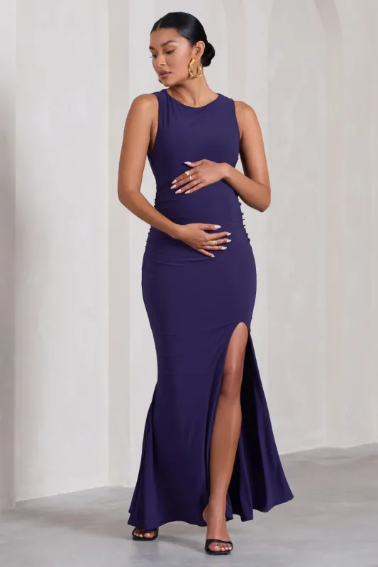 Pollie | Purple Cowl-Back Split Maternity Maxi Dress sold by Club L London