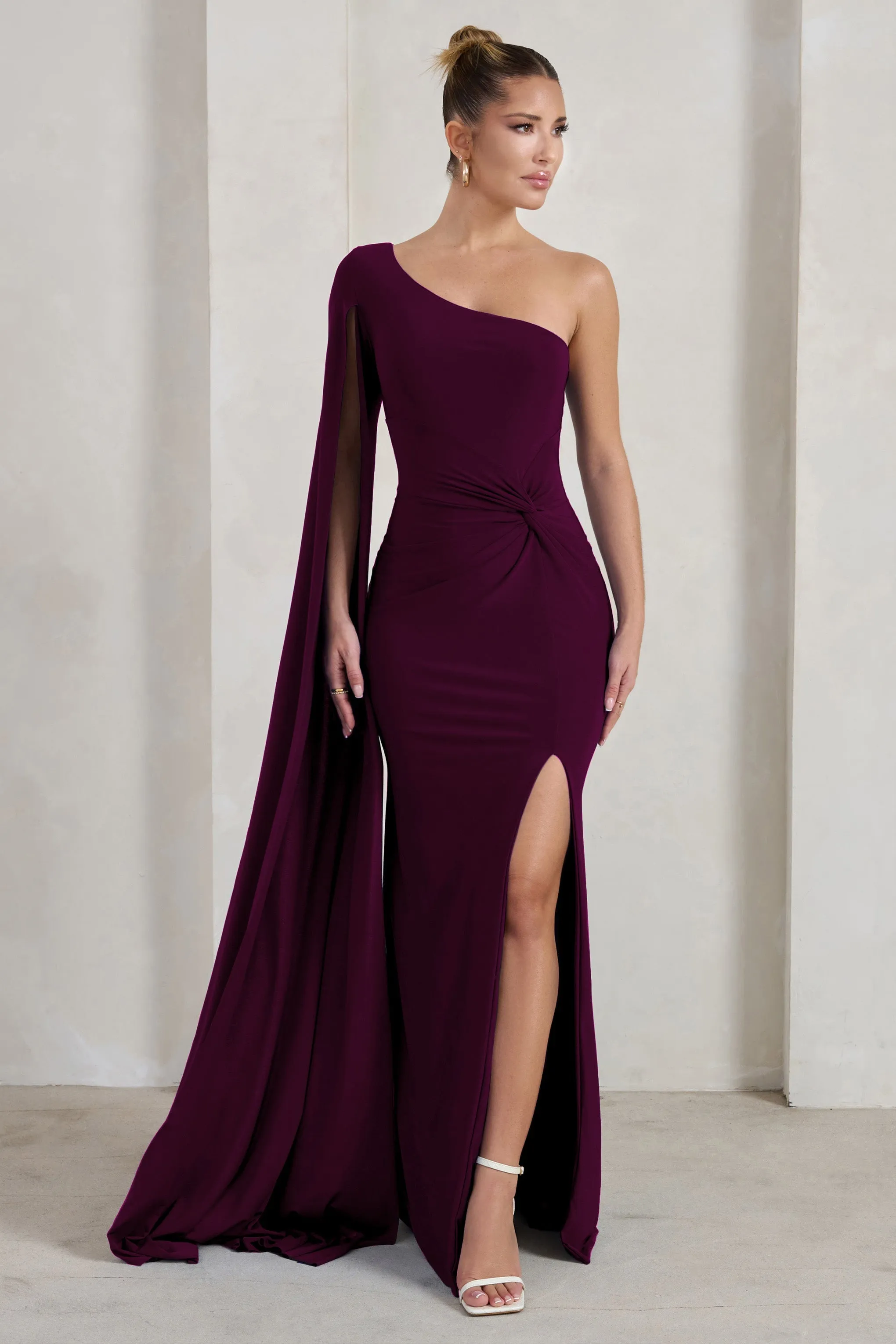 Romi | Plum One Shoulder Twist Design Maxi Dress sold by Club L London