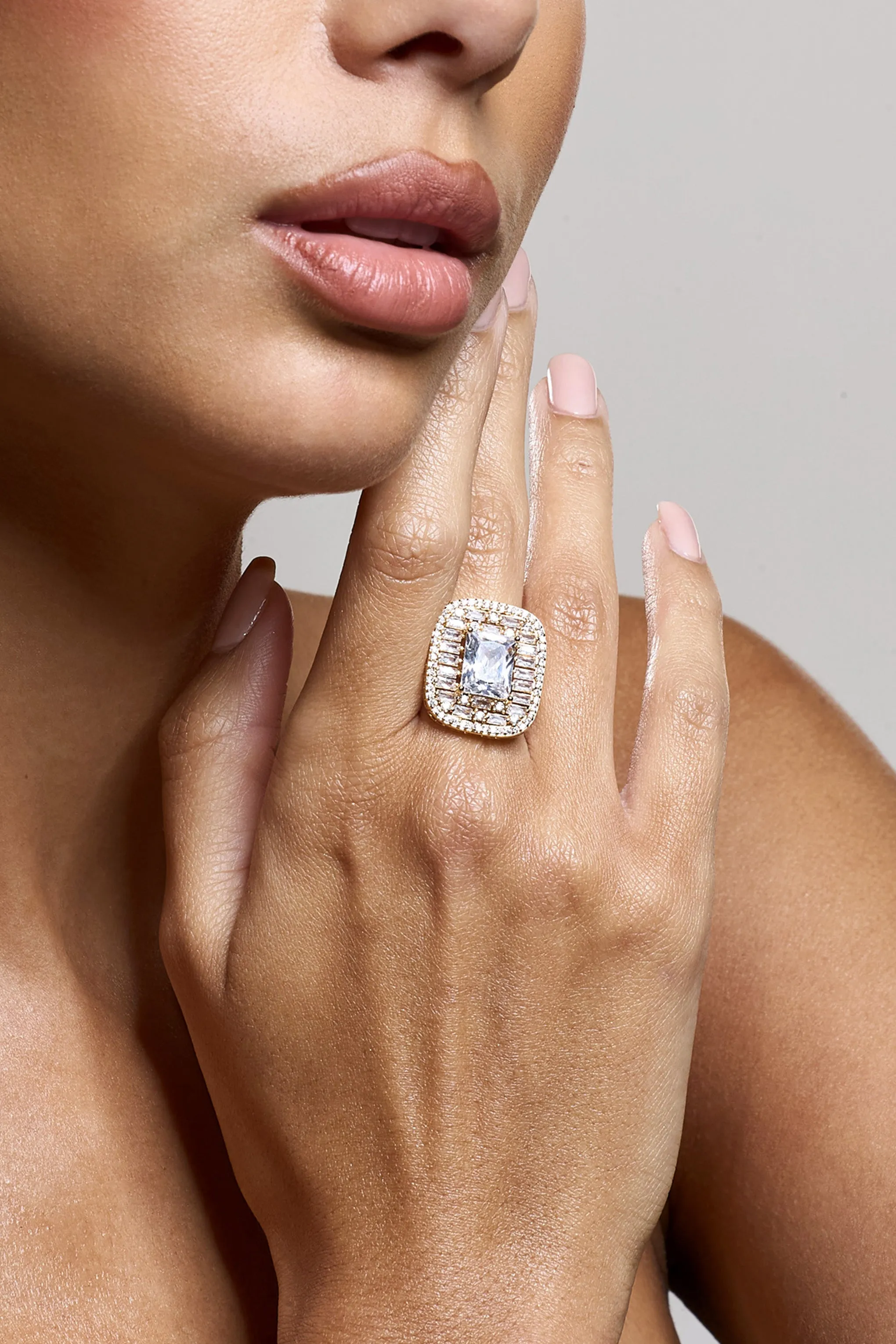 Tiara | Gold Square Diamante Ring sold by Club L London product image thumbnail 2