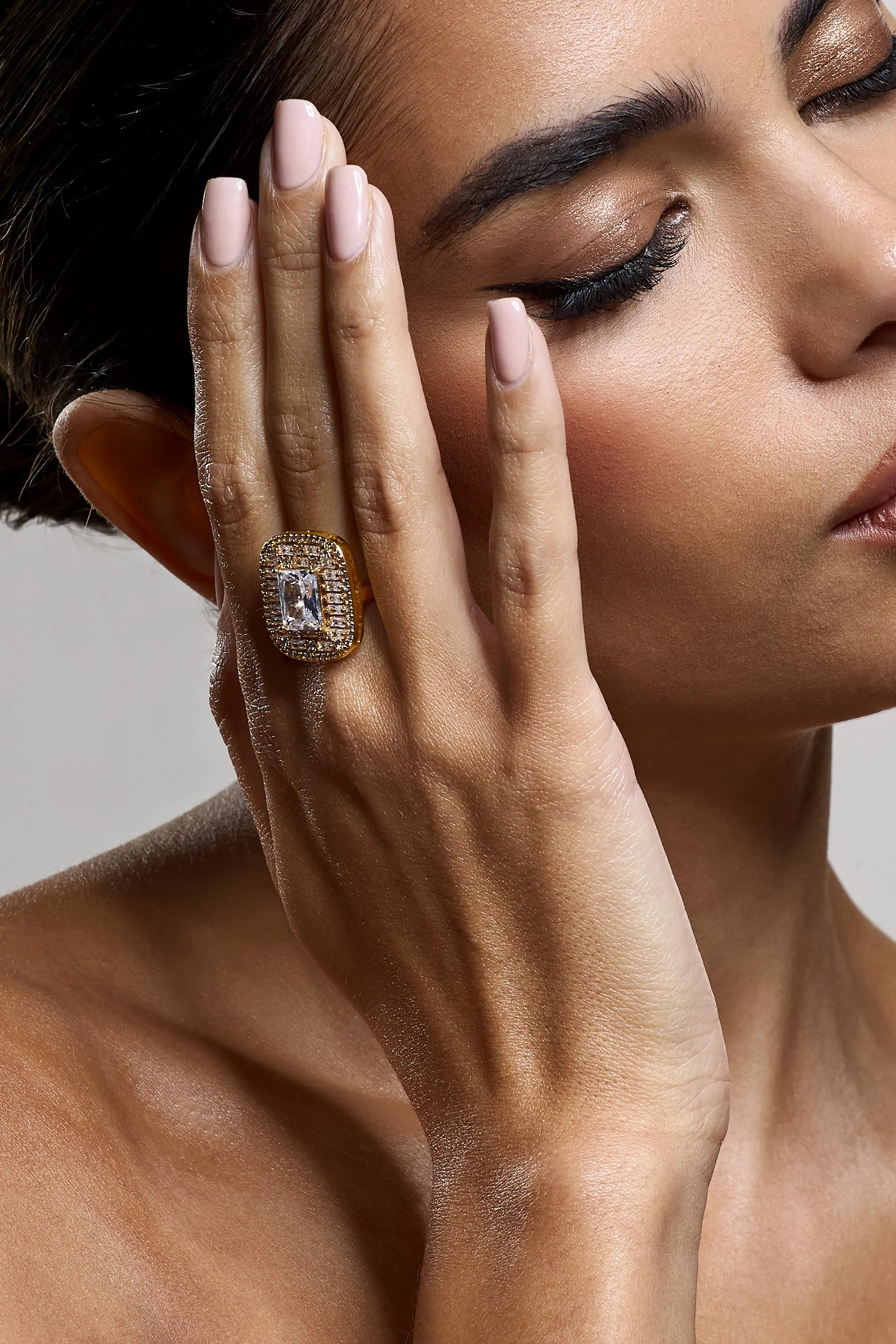 Tiara | Gold Square Diamante Ring sold by Club L London product image thumbnail 3