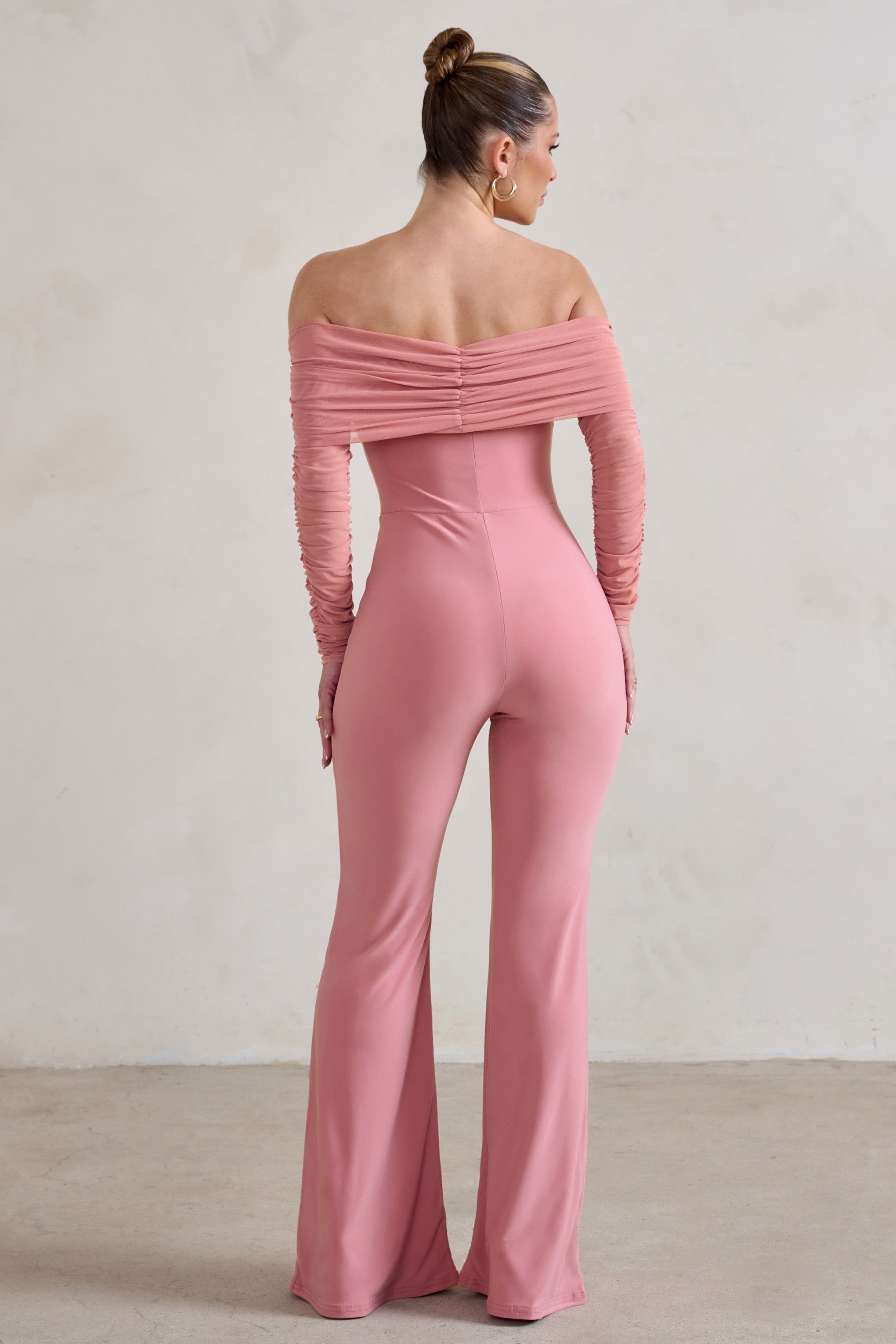 Whisper | Powder Pink Ruched Mesh Bardot Jumpsuit sold by Club L London product image thumbnail 2