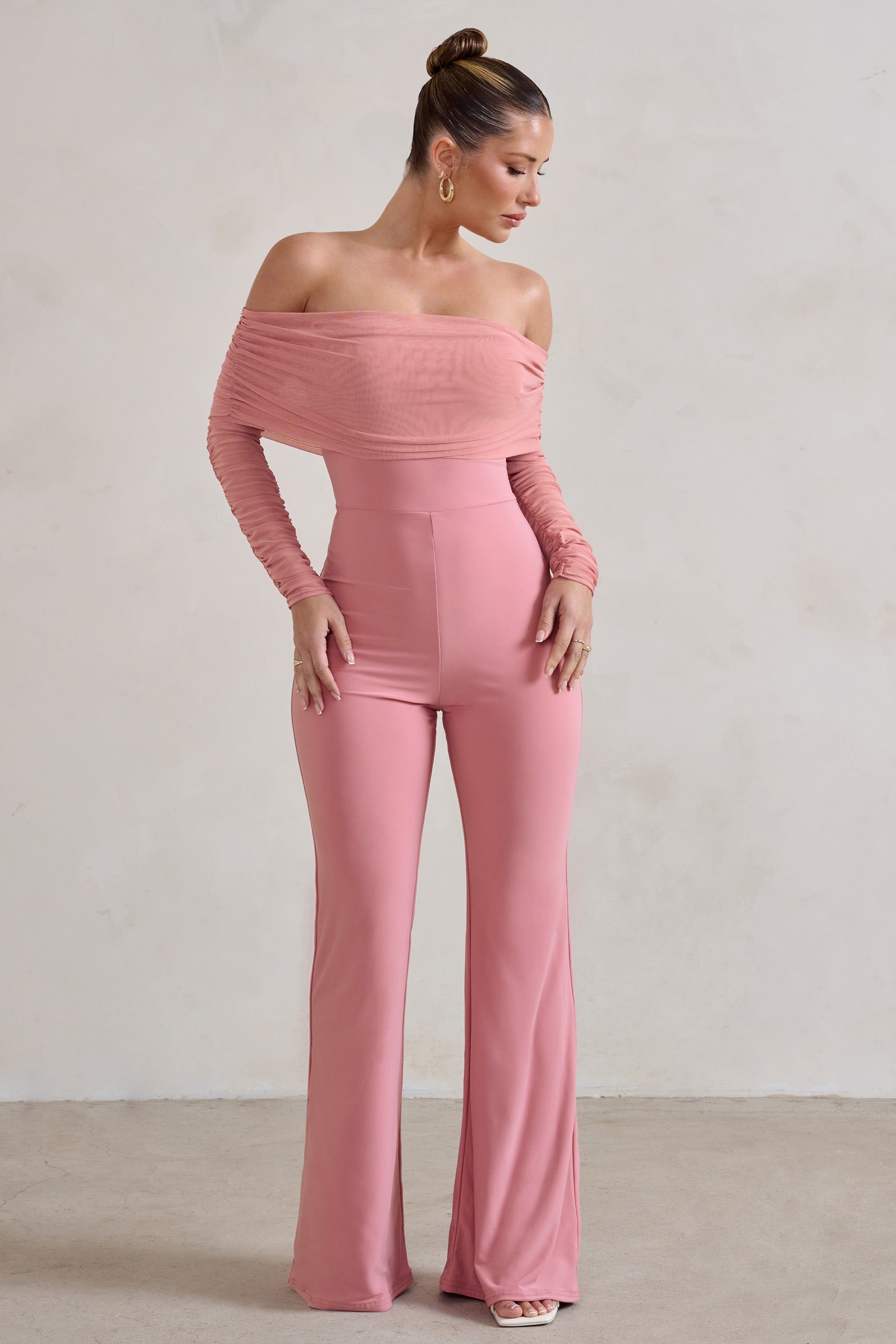 Whisper | Powder Pink Ruched Mesh Bardot Jumpsuit sold by Club L London product image thumbnail 4