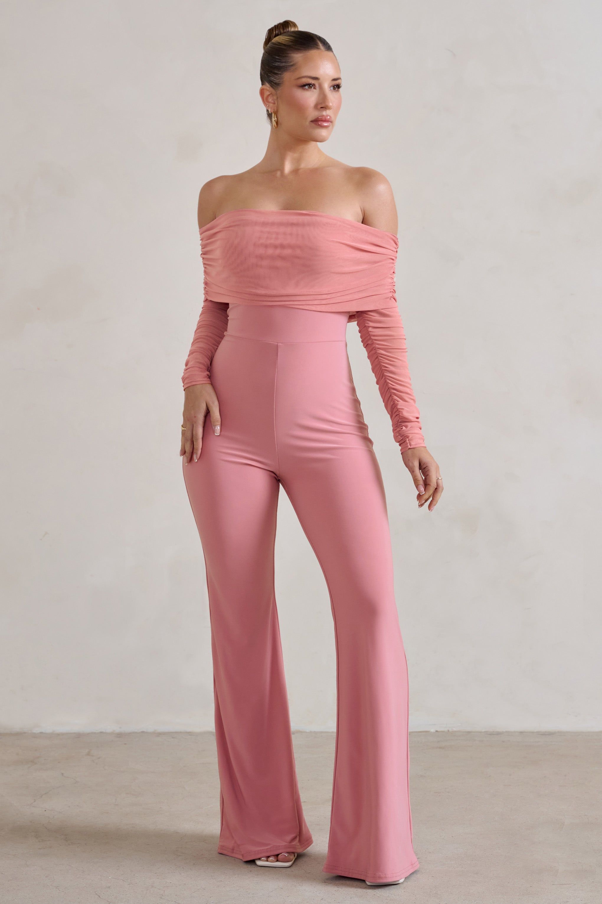 Whisper | Powder Pink Ruched Mesh Bardot Jumpsuit sold by Club L London
