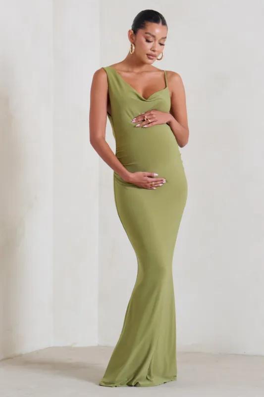Phantasy | Olive Green Maternity Cowl Neck Maxi Dress sold by Club L London