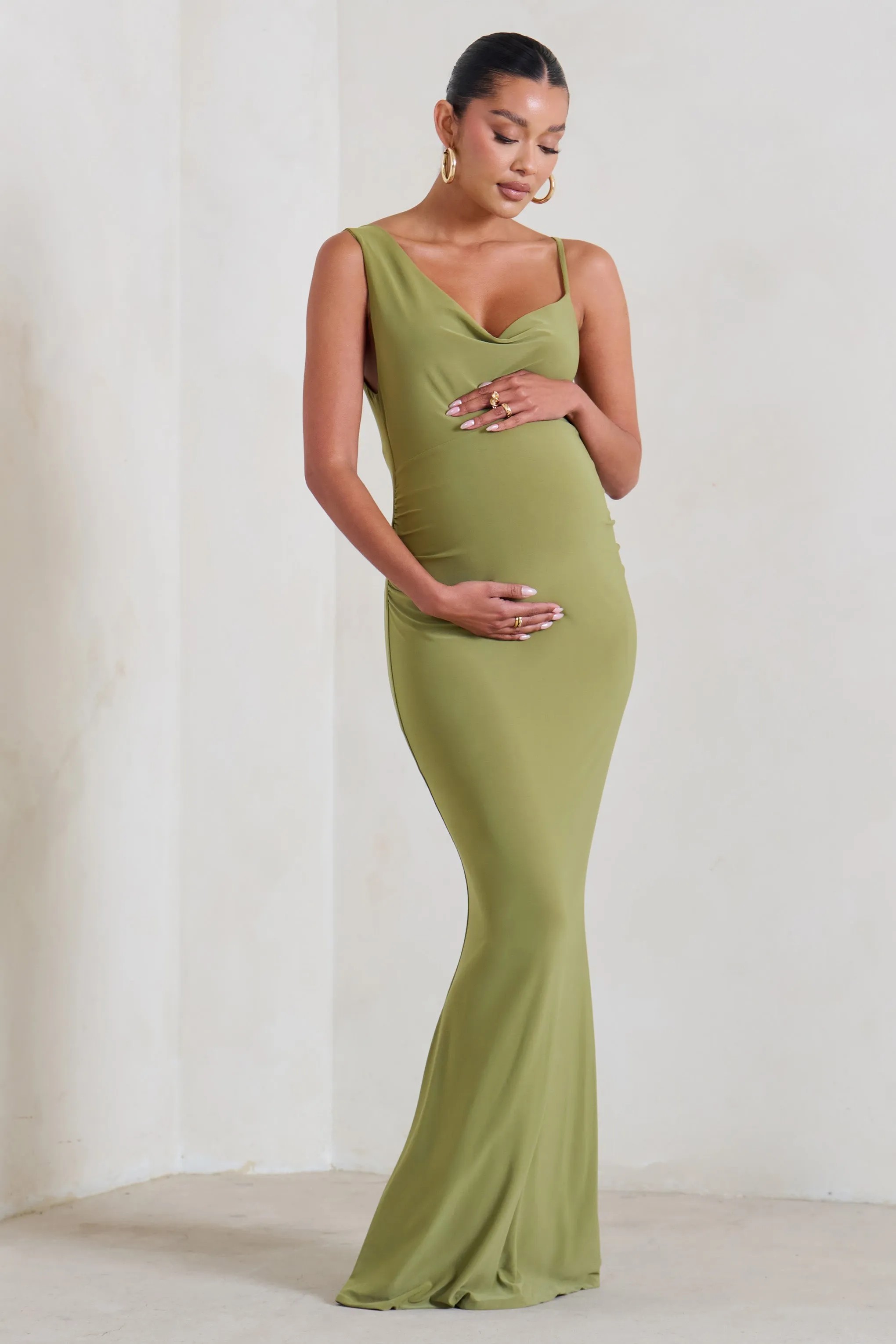 Phantasy | Olive Green Maternity Cowl Neck Maxi Dress sold by Club L London