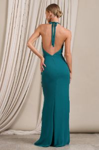 Morning | Bottle Green Ruffled Halter-Neck Split Maxi Dress sold by Club L London