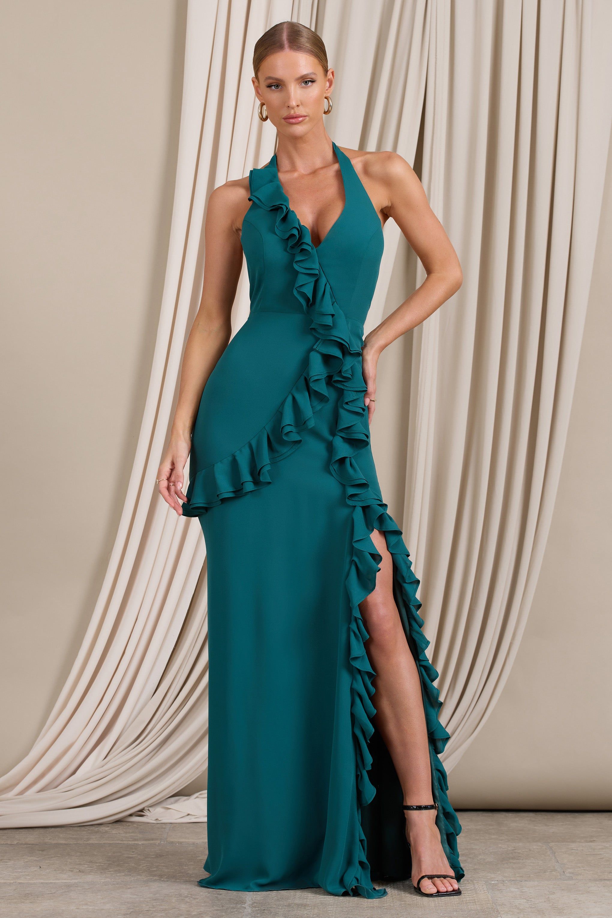 Morning | Bottle Green Ruffled Halter-Neck Split Maxi Dress sold by Club L London
