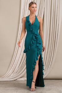 Morning | Bottle Green Ruffled Halter-Neck Split Maxi Dress sold by Club L London