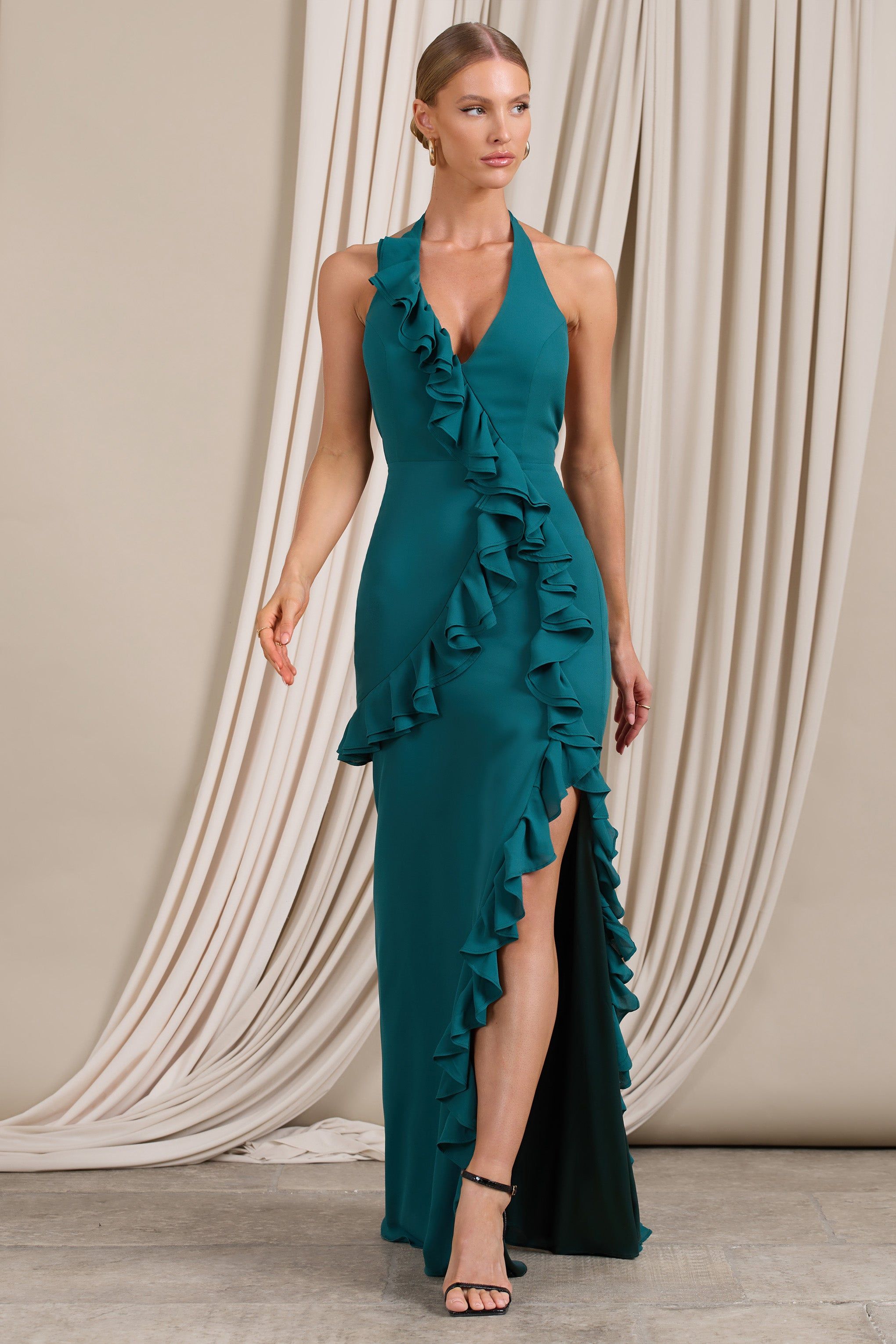 Morning | Bottle Green Ruffled Halter-Neck Split Maxi Dress sold by Club L London product image thumbnail 5