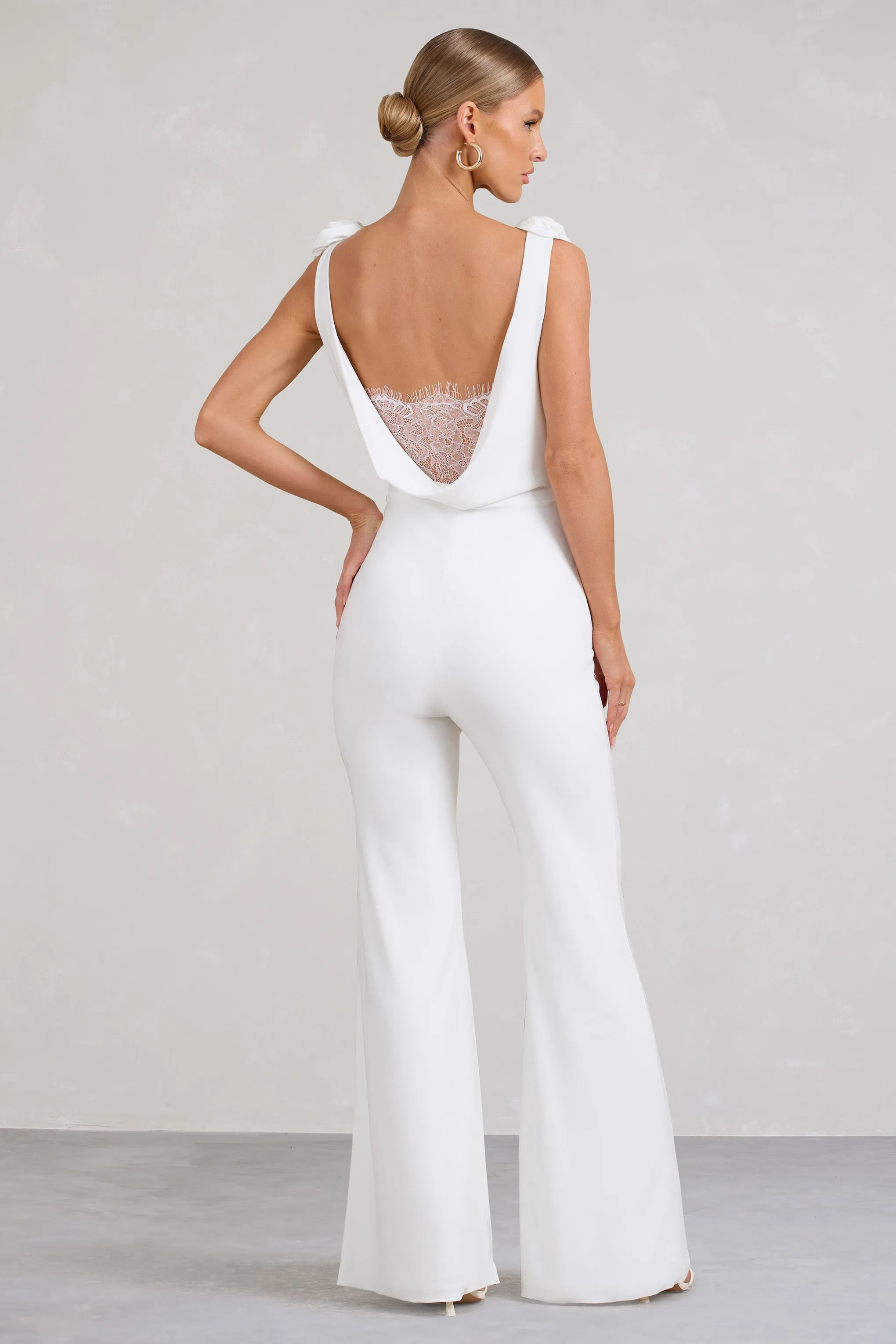 Posy | White Cowl-Neck Jumpsuit With Corsages And Lace Detail sold by Club L London product image thumbnail 2