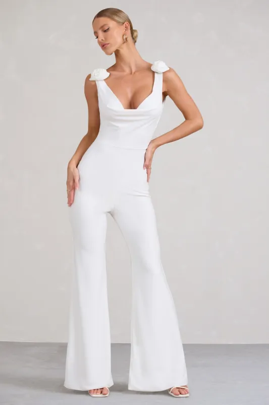 Posy | White Cowl-Neck Jumpsuit With Corsages And Lace Detail sold by Club L London