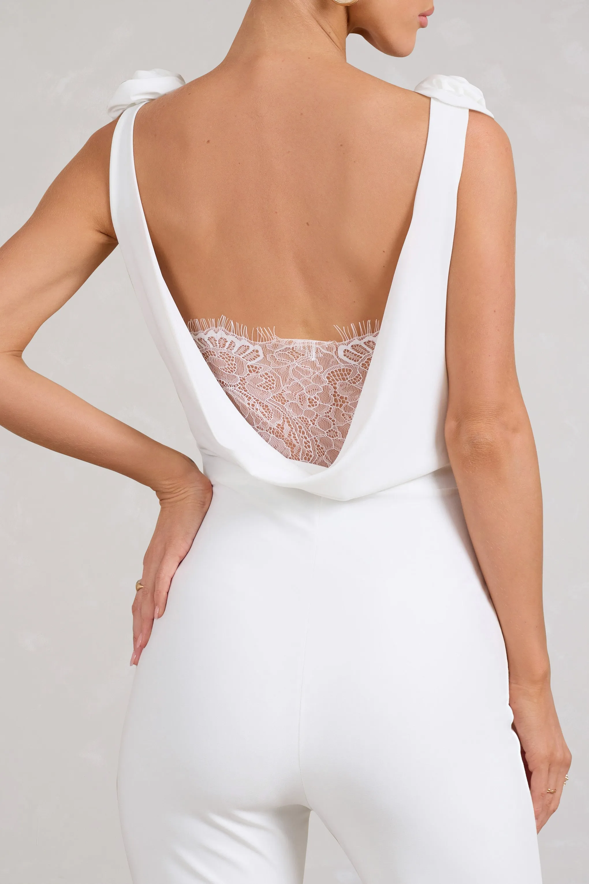 Posy | White Cowl-Neck Jumpsuit With Corsages And Lace Detail sold by Club L London product image thumbnail 4