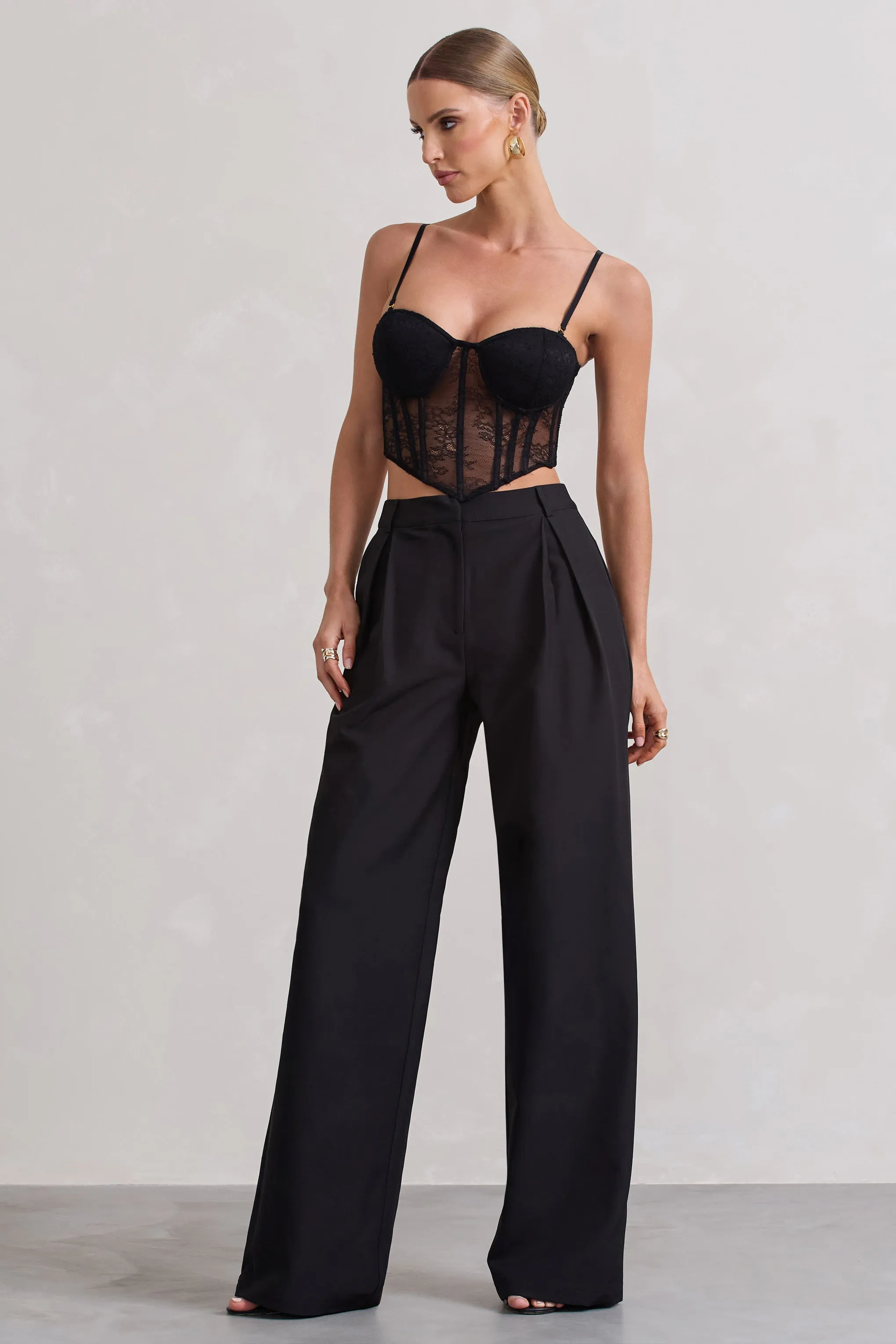 Raina | Black High Waist Pleated Wide-Leg Trousers sold by Club L London product image thumbnail 4